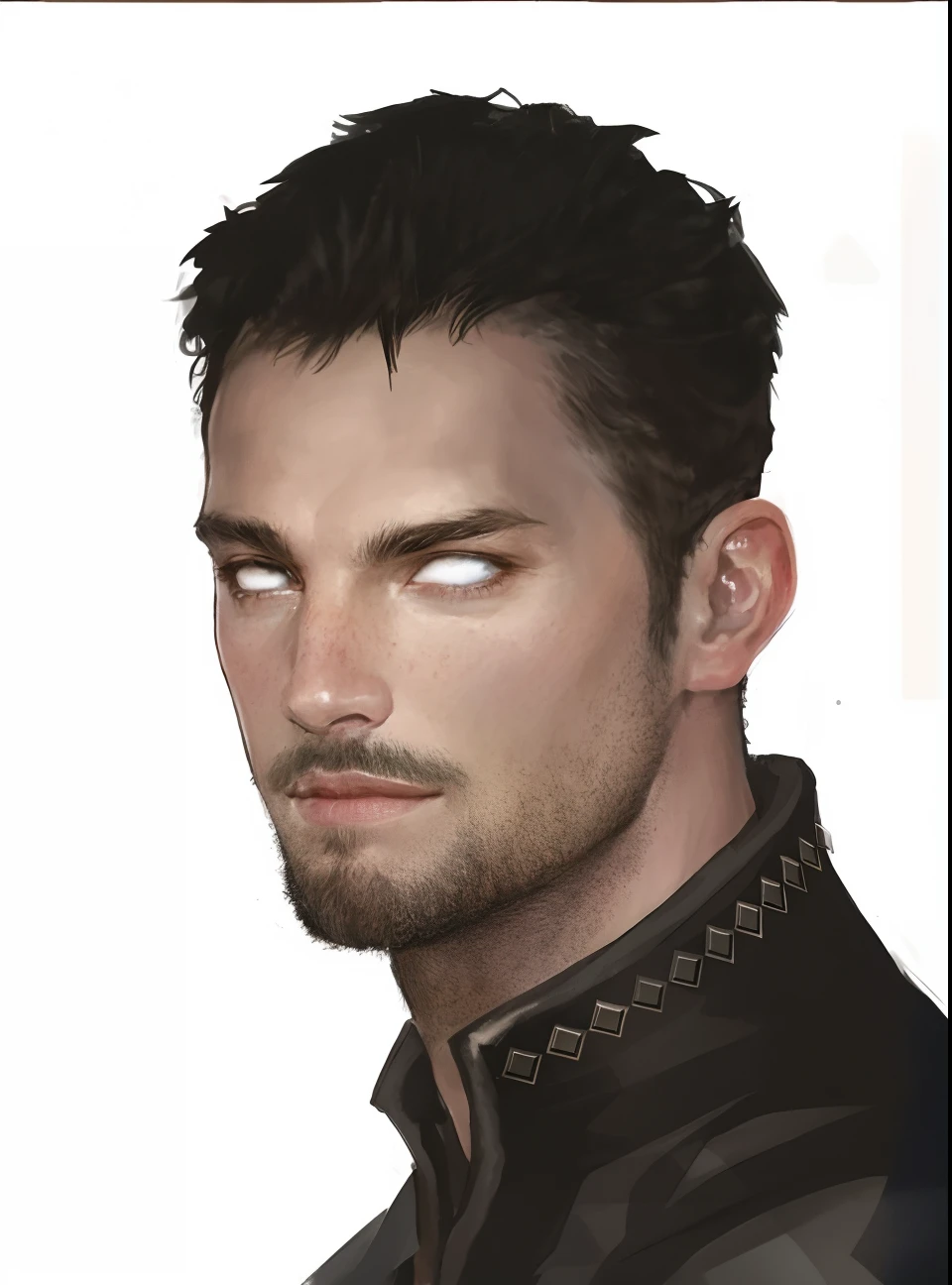 um desenho de um homem com barba e camisa preta, Retrato de Adam Jensen, retrato masculino da fantasia, Tom Bagshaw Donato Giancola, dnd retrato, RPG retrato arte conceitual, arte conceitual realista do personagem, dnd retrato da arte do caractere, Retrato de um personagem DND, retrato do conceito do caractere dnd, Retrato de Caractere DND, d&d character head portrait, RPG portrait reference, homem gentil sorrindo, sorrindo, feliz, cego, em uma vila de fundo, foco nítido