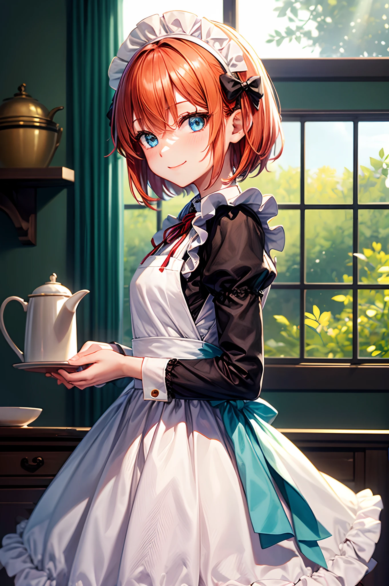 masutepiece,Best Quality,Anime,(2D:1.2),Indoors, , 1girl in, Roswaal Mansion Maid Uniform, Solo, maid, Cyan blue eyes, Short hair,bow hairband, hair between eye, Detached sleeves, Looking at Viewer, red hairband,bow ribbon, Bangs, Looking back, Bow, Orange hair,Red Ribbon, Black sleeves, window, Long sleeves, Apron, white bow, frilld,Ribbon trim,lightsmile, own hands together,