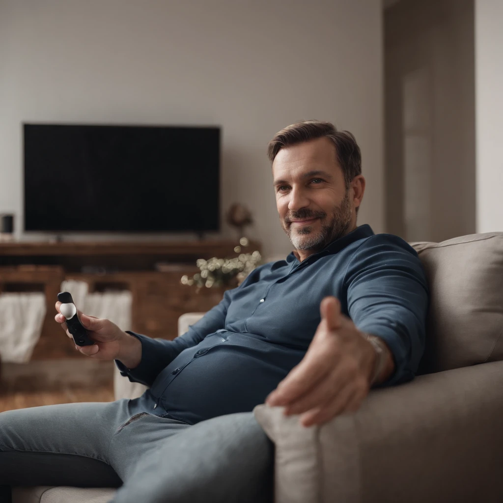 A man is sitting on the couch with the TV controller in his hand pointed at the TV and watching TV. He's an ordinary man, de meia-idade, with a protruding belly and a shy smile. mostrar a foto em forma cinematica , visao ampla numa sala de estar