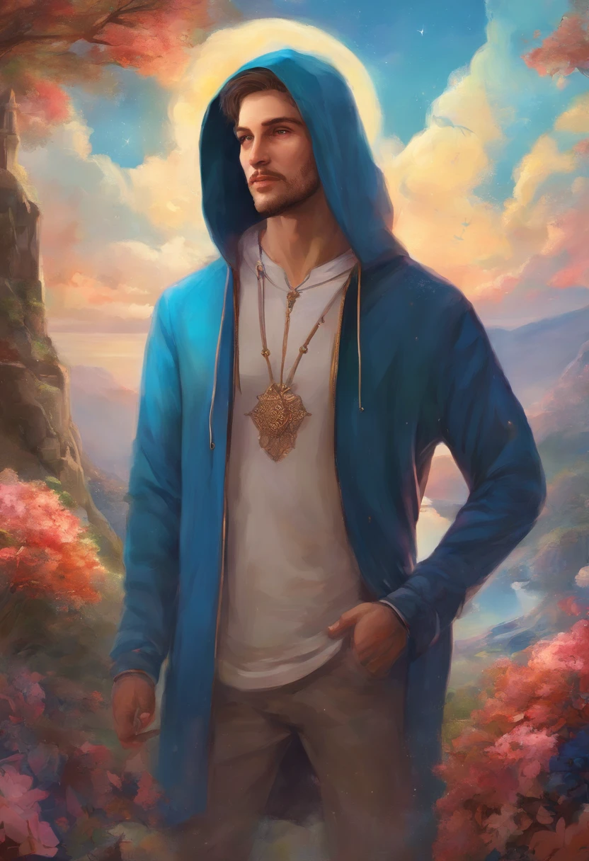 standing with 30 years old man in a blue hoodie, fancy, freelancer, smiling, standing full-frontal, Full-length, Body and head directly in the photo, DSRL, facing the viewer of the photo, Eyes fixed on the lens, The shoulders and head appear in the photo, The man in the center in the photo,