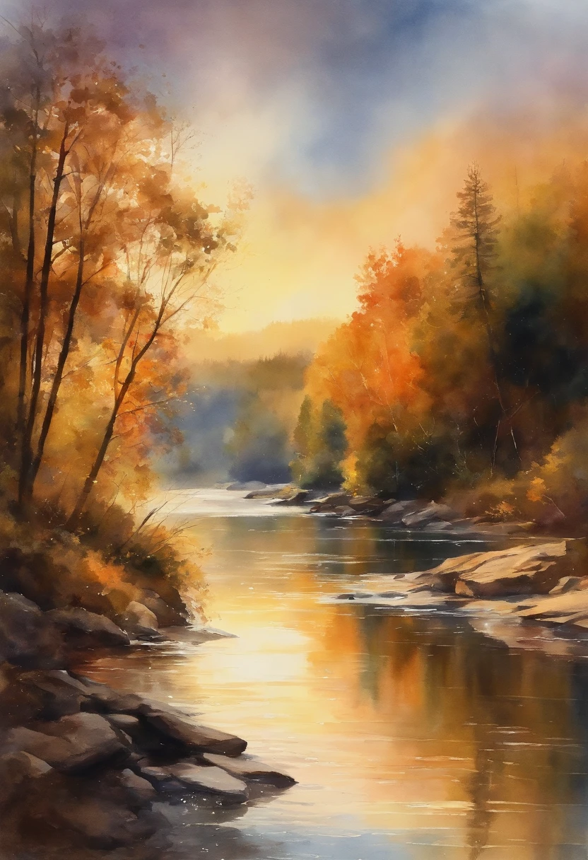 (watercolor style, spectral art) + majestic river overlooking the panorama + costume back (vista) + (flow + subtle reflection) + (blending + splashing) + (light and shadow clear + swaying dynamic)