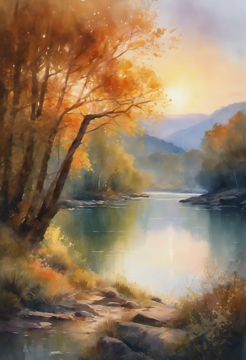 (watercolor style, spectral art) + majestic river overlooking the panorama + costume back (vista) + (flow + subtle reflection) + (blending + splashing) + (light and shadow clear + swaying dynamic)