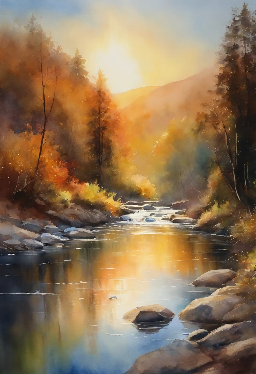 (watercolor style, spectral art) + majestic river overlooking the panorama + costume back (vista) + (flow + subtle reflection) + (blending + splashing) + (light and shadow clear + swaying dynamic)