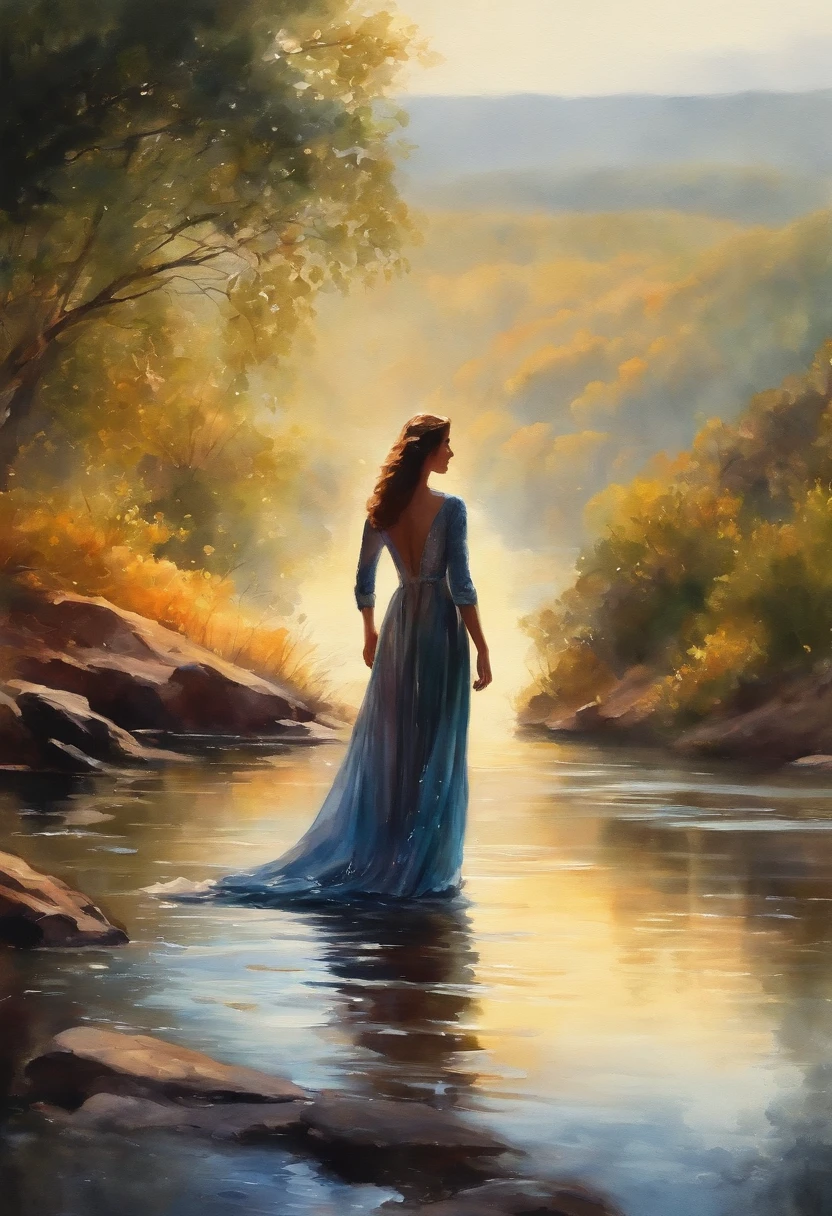 painting , fleeting, ethereal, alluring, sparkling, artistic, mysterious, delicate, complex,  twisted, blonde lady on the shore looking out over a lake of water, cinematic