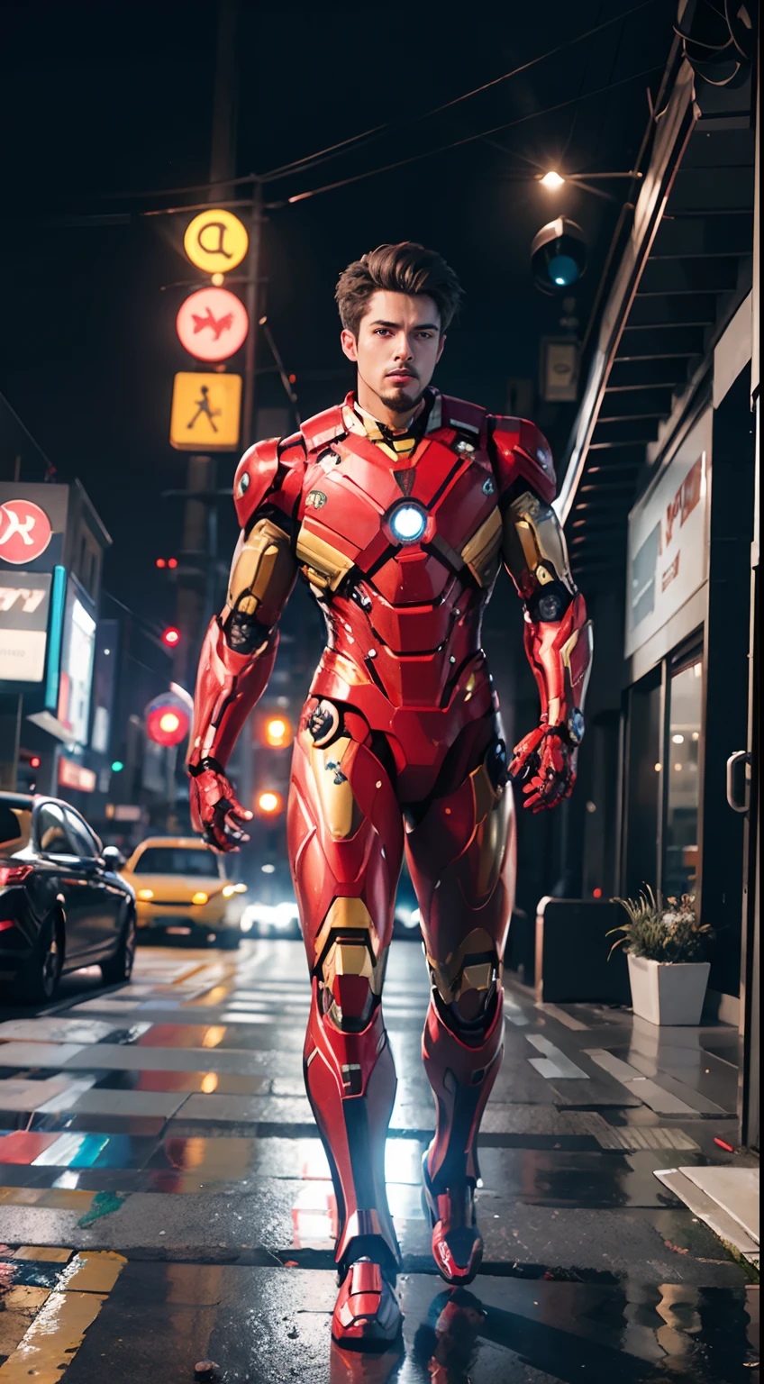 8k Realistic, Attractive, Highly Detailed 20 year old boy, a smart and attractive guy inspired by Iron Man. Wear a shiny Iron Man robot. She dresses with swagger and confidence. It perfectly reflects Iron Man's strength and abilities. In a cyberpunk style city night scene A confident and attractive young man uses Iron Man cosplay as his theme. A boy wearing a shiny Iron Man robot suit stands on a street lined with tall buildings. The lights of the city at night shine brightly. It reflected the boy's machine. Add a sense of futuristic technology The surrounding buildings and streets are filled with cyberpunk elements such as neon lights, high-tech gadgets, and futuristic architectural designs. The entire scene is filled with a futuristic and sci-fi atmosphere. The high definition, high quality images will be incredibly enjoyable to watch. The perfect mix of sexy, futuristic, and sci-fi elements. OC rendering, stunning lighting, award-winning quality, full-size body, smart chassis.