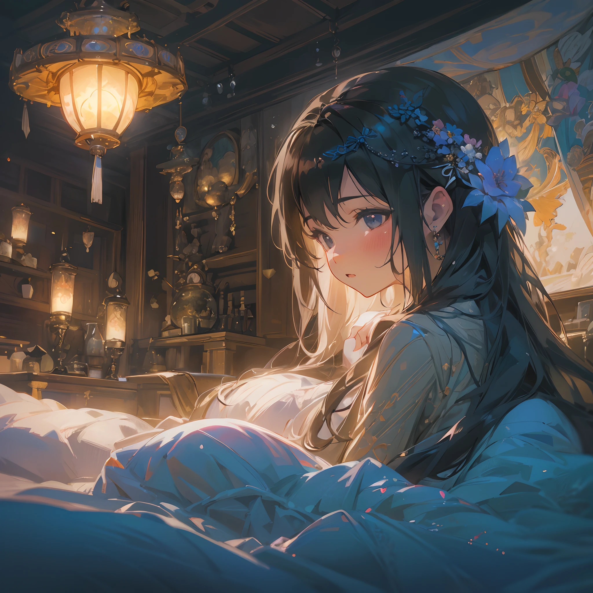 Japanimation, eroge, Incredibly hyper-detailed and intricately realistic, Perfect, Cover art, zoomout, hyper detailed painting, luminism, with an intricate, 4k resolution concept art portrait, extremely high level illustration, 16k, extremely high level illustration, absurd resolution, absurd detailed, soft and warm lighting, (((masterpiece))), best quality, extremely detailed, fantasy lighting, beautiful detailed glow, perspective, depth of field, proportion, blurry background, bokeh, sharp focus, depth and dimension, Ainu scene, Ainu composition, Fantasy lighting, an extremely beautiful detailed bedroom, Beautiful, night, (yuri:1.2), (lesbian:1.2), (2 girls:1.2), under wear, full body character, Beautiful, Female, Long Black Hair, Black eyes, Detailed face, White skin, beautiful detailed 2 girls, hand on another's shoulder, laying, q:, look at each other