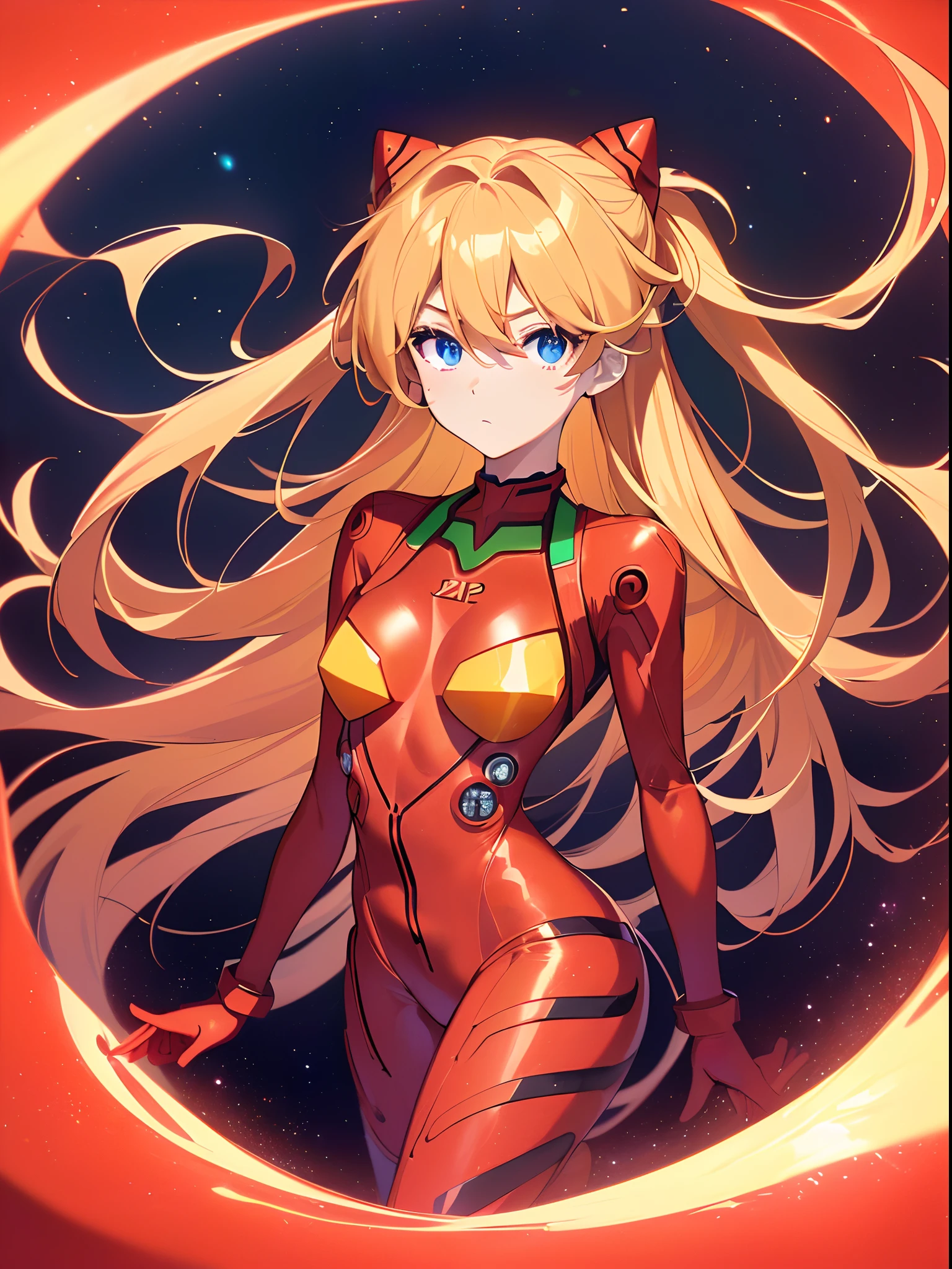 ((souryuu asuka langley, interface headset, red bodysuit:1.4, blonde)),(glowing eyes:1.233),(beautiful and detailed eyes:1.1),(expressionless,closed mouth),(standing), 1girl,solo,(masterpiece,best quality, official art,aim to viewers, beautiful and aesthetic:1.2),(ultra high res,spiral, golden ratio, (4k), see from above,((above the earth)),((in the space)),floating,good lighting, (photon mapping, radiosity, physically-based rendering,automatic white balance), technological sense,Amazing,sharp focus,rich background, (((high detailed skin,)))dynamic lighting,intricate detailed outfit,glowing eyes,watery eyes,(masterpiece sidelighting),(bishoujo,lustrous),[[delicate fingers and hands:0.55]::0.85],(detail fingers),((((SLR camera lens reflected in the eyes,Ultra Photographic Quality,fisheye,ultra wide angles)))),((incredibly absurdres)),micro shot,((extremely_detailed_eyes_and_face)),(disheveled hair),darkness,FilmGirl,It appears to be taken from high above the clouds, as the viewer is presented with a stunning panoramic view of the vast expanse of the sky. The stars twinkle and glimmer, creating a mesmerizing spectacle that is truly awe-inspiring. A colorful rainbow is also visible in the distance, adding a pop of vibrant hues to the otherwise serene and tranquil atmosphere. The sun shines brightly, casting a warm and welcoming glow over the entire scene. Overall, this image is a symphony of colors, light, and beauty that transports the viewer to another world entirely.