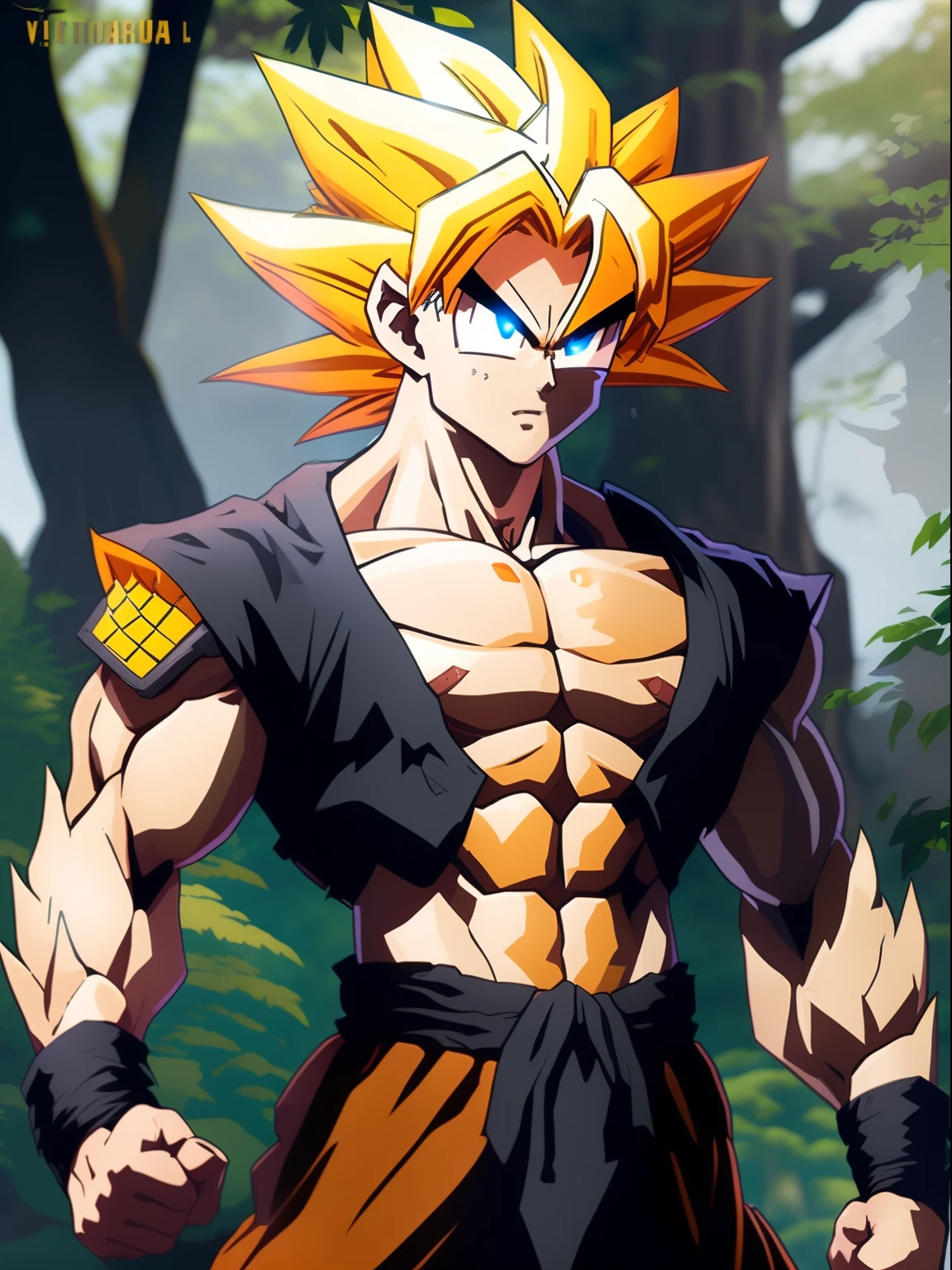 Fking_Scifi_v2, Retrato de un joven guerrero goku (dragon ball) muy guapo, tatuado, cuerpo tatuado, pelo amarillo frente a un bosque lleno de humo, Pose de en guardia, victoria y actitud.