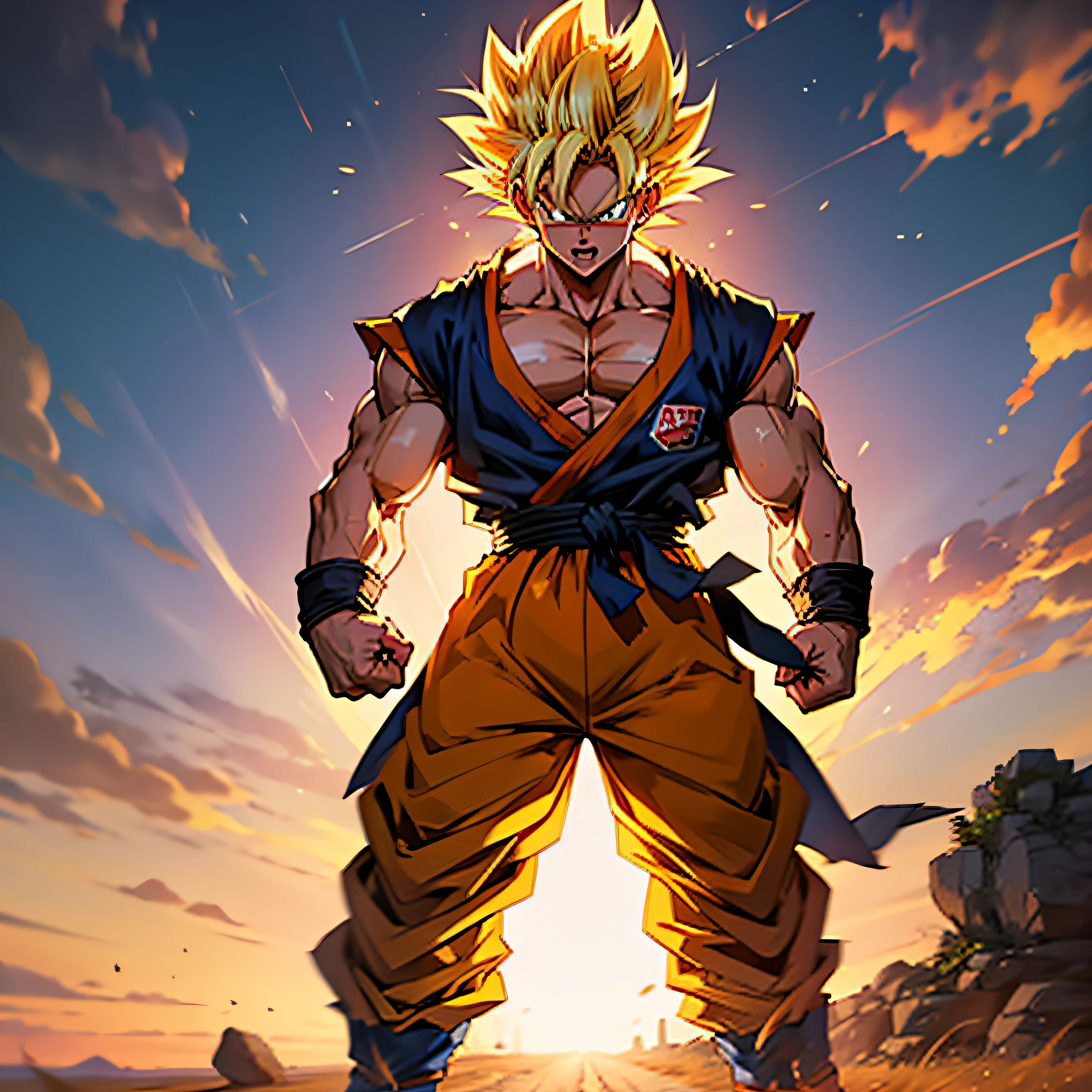 A cartoon of a young goku standing in front of a sunset - SeaArt AI