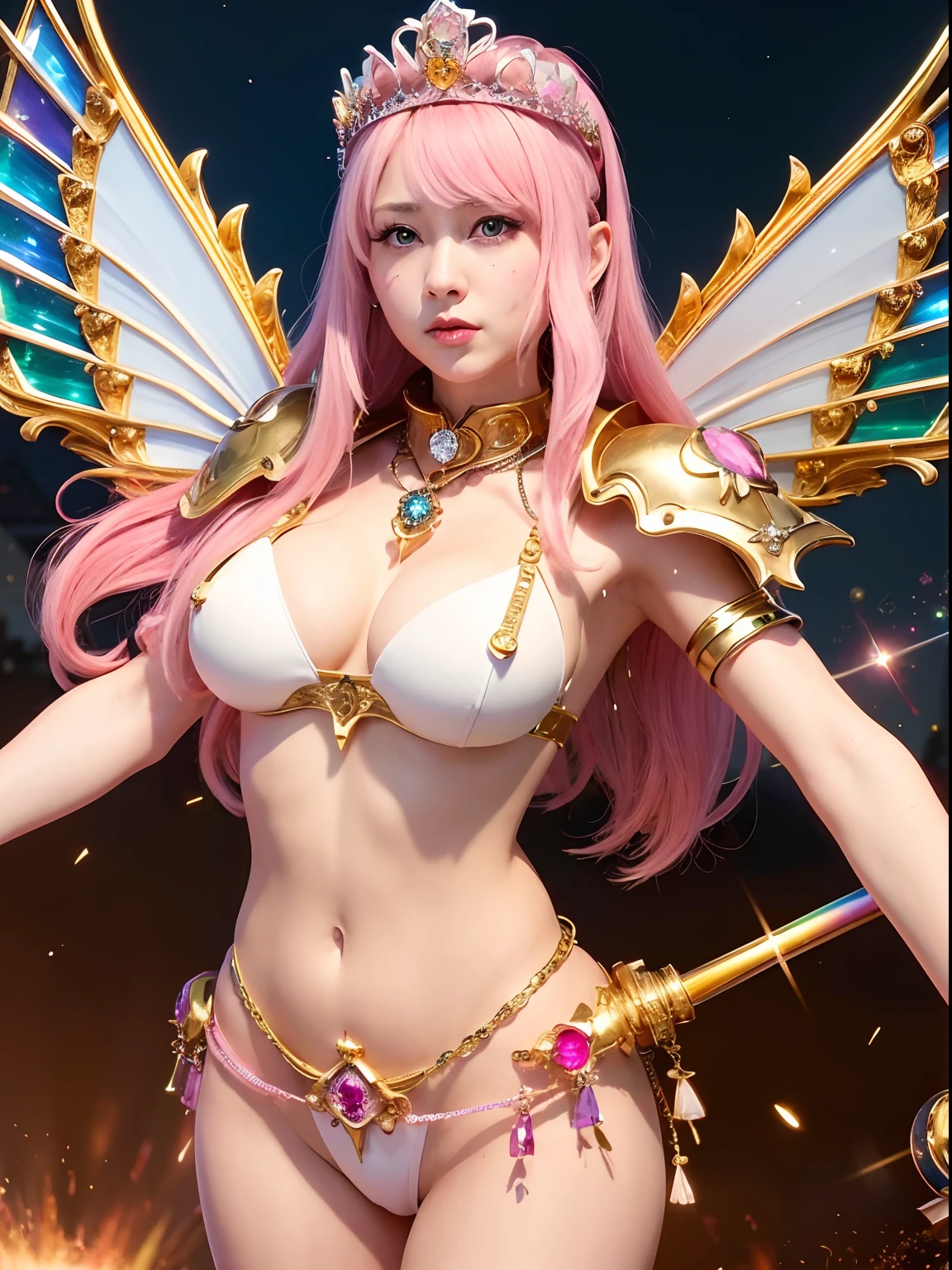 (A smile), Professional , ​masterpiece、top-quality、photos realistic , depth of fields （Gemstone White Metal Body:1.９),(Matte White Pink、Jewel Gold Weapon、（Gorgeous castle background）、（ultimate beauty girl）、（Rainbow fairy wings grow）、Particles of light、（Metal body of iridescent gemstones:1.９),Gorgeous Jewel Metal Weapons ,（maikurobikini）、 Detailed Sword of the Brave ,（ Pink hair）   ,warhammer 40k , adepta sororitas,Detail and ornate jewel crown、独奏、Brown hair、Mystical expression、cleavage of the breast、（Gangle's forest background）、Beautiful Caucasian beauty、１a person、dynamic ungle,(((Diamond tiara with detail and luxury)))、a small face、Powerful poses、（Gorgeous castle background）、huge filesize、A teenage girl、Stand in the center of the screen、Thin female fingers、Straight long hair、Beautiful Caucasian beauty、（maikurobikini）、Hair fluttering in the wind、Look at viewers、（Armpit）、Toostock、