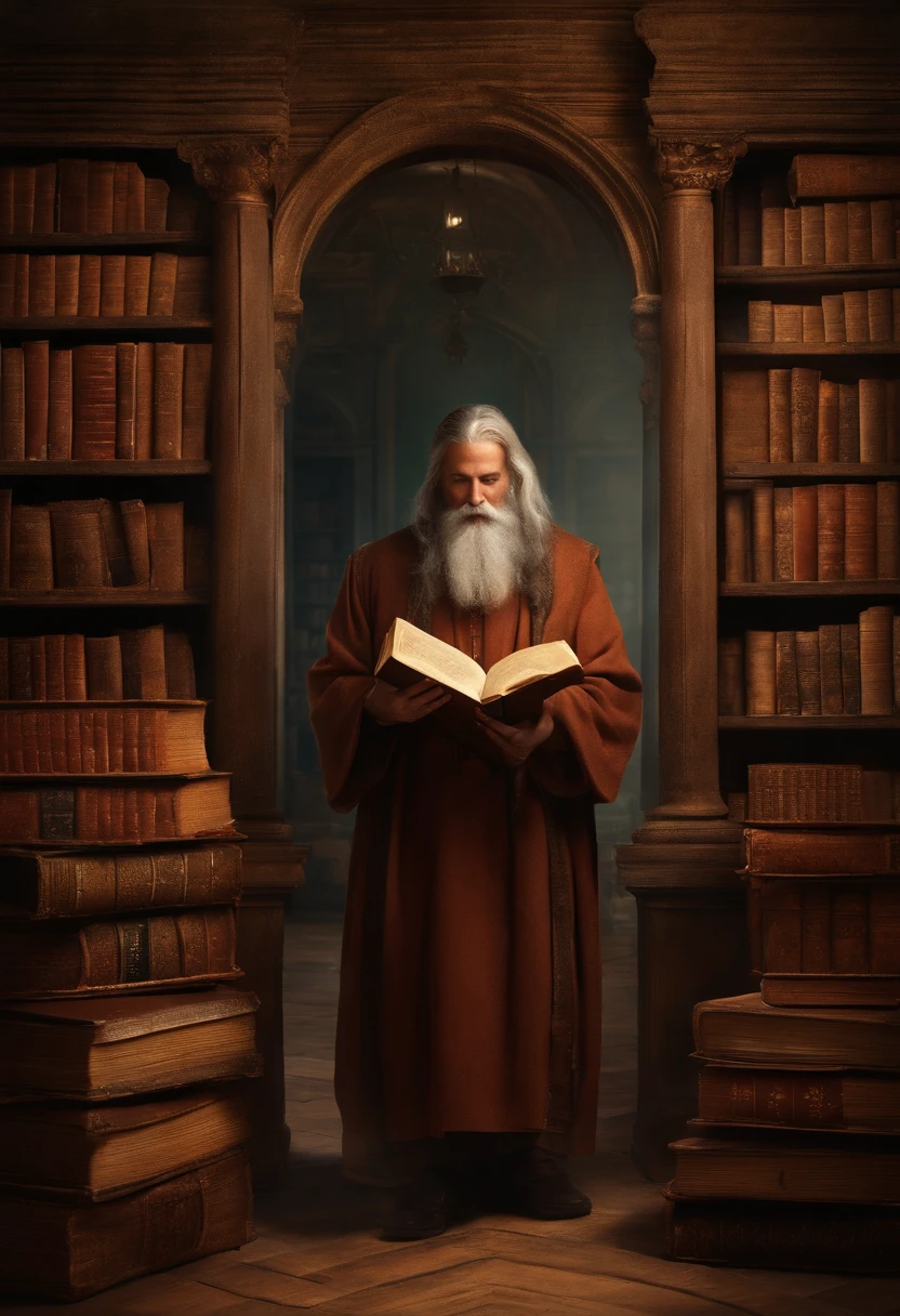 An image of a sage surrounded by ancient books in a library, simbolizando a jornada de conhecimento e aprendizado como parte essencial do crescimento pessoal.