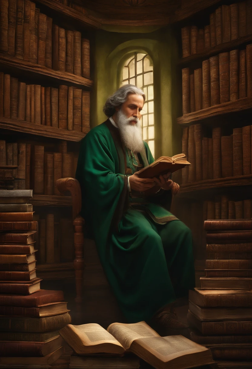 An image of a sage surrounded by ancient books in a library, simbolizando a jornada de conhecimento e aprendizado como parte essencial do crescimento pessoal.