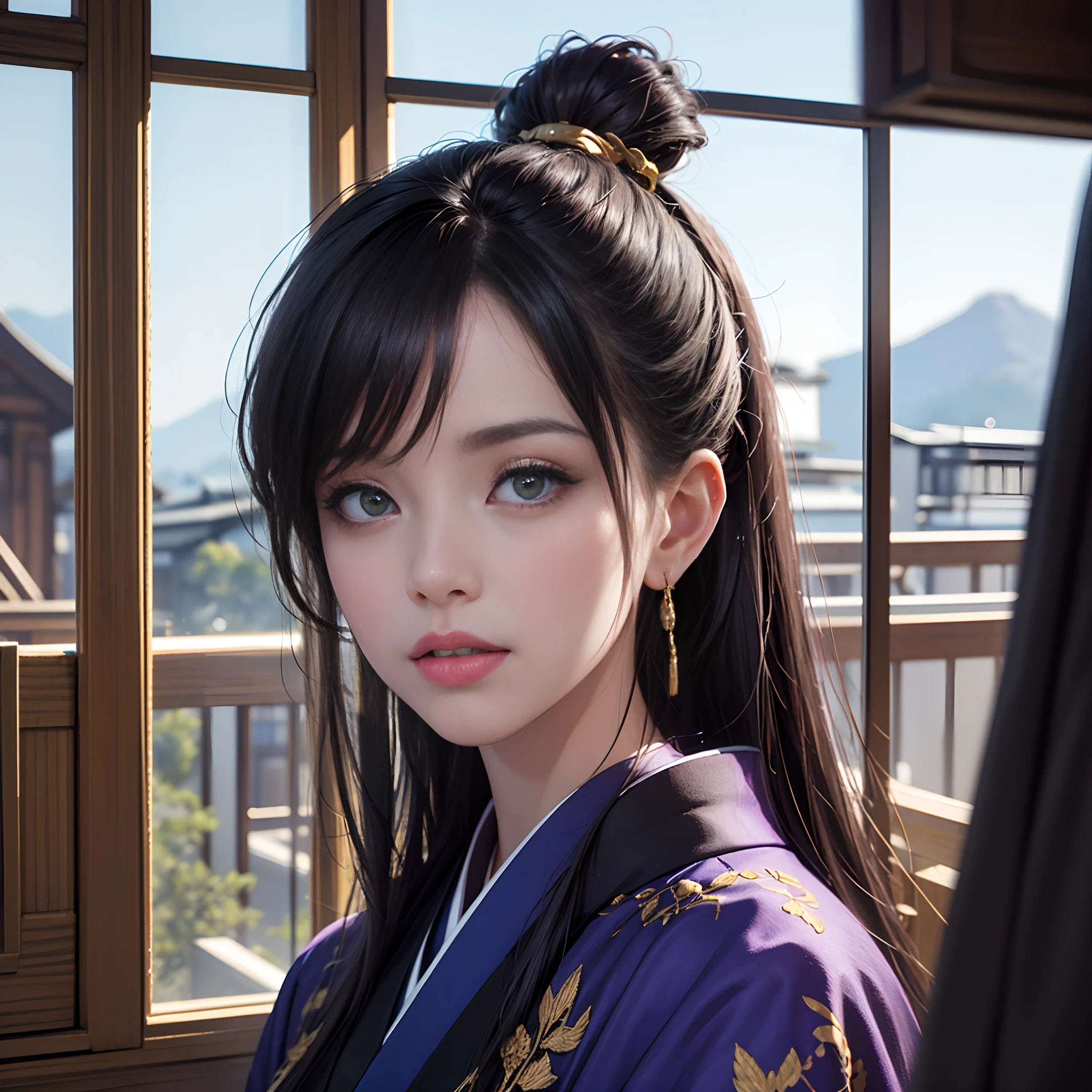 Luxury kimono（Black kimono(Detailed golden embroidery),Purple band、Golden Band Closure）、odd eye、watching at viewers、Outside the window　blue-sky　Streets of Kyoto、Ponytail, Shiny hair, Full body, Mismatched pupils, Hyper-Realism, Verism, Realism, depth of fields, Cinematic lighting, Wide Shot, F/16, nffsw, high details, High quality, Textured skin, 8K, Best Quality, hight resolution