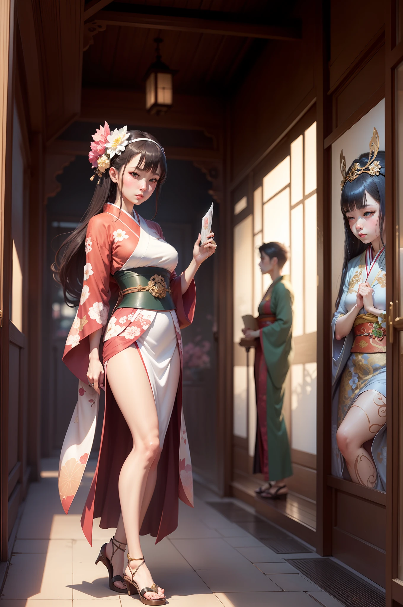 Anime woman in kimono dress standing in front of wall, alphonse mucha and rossdraws, oriental art nouveau, ross tran style, japanese art style, artgerm and atey ghailan, in the style of ross tran, inspired by Ross Tran, palatial palace ， a girl in hanfu, Exquisite digital illustration, :: rossdraws, beautiful digital illustrations, Kimono　Mucha style　postcard