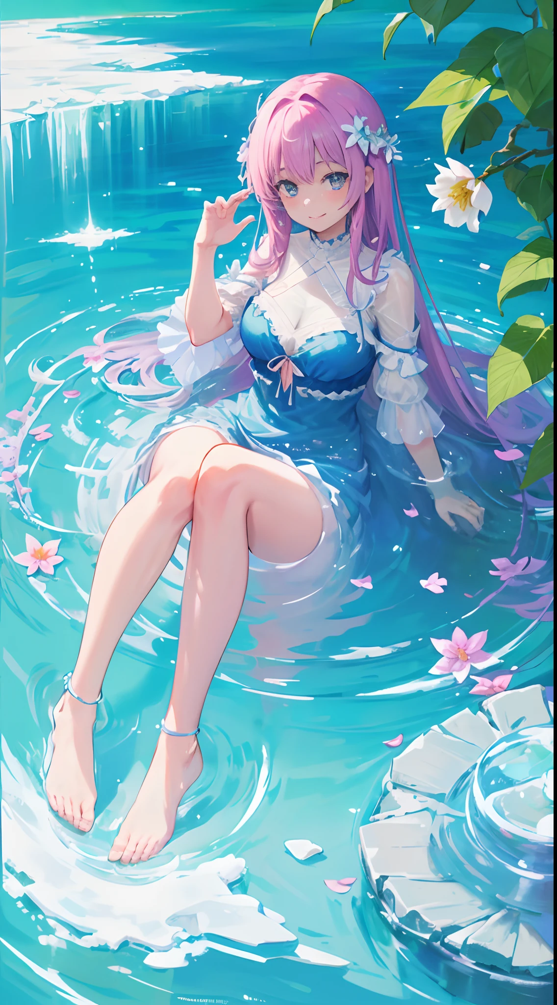 girl, in glass, sitting, full body, beautiful, ice, flower, fruit, light smile, look at viewer, absurdres, fresh,