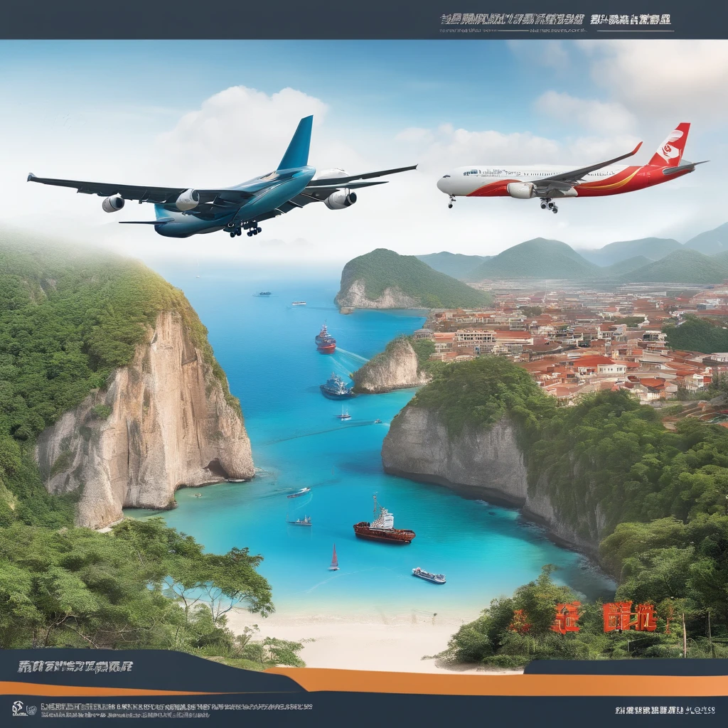 (The ship fires lasers to attack the city:1.3)，in a panoramic view，（plethora of colors，Best quality，high detal，tmasterpiece，cinmatic lighting，4K，Chiaroscuro）The following is a design concept for a 6-meter-wide and 3-meter-high logistics container manufacturing poster。This design highlights the characteristics of the industry，Including aircraft、Freighters and tourist destination beaches，At the same time, the truck element is avoided。To appear the real subject。 Overall design concept： The overall color tone of the poster is dominated by bright blue and warm orange，to create the atmosphere of a beach holiday。 The bottom of the poster shows a beautiful view of the beach，Used to highlight tourist destinations。 The background at the top presents planes and freighters，They represent air and sea freight。 In the center of the poster is placed the company's logo and slogan，So that people can quickly recognize and remember。 Above the poster, a large font displays "Logistics Consolidation."，Connecting the World"，Highlight the characteristics of the industry。 Design elements： Planes： At the top right of the poster，Depicting a modern aircraft，Represents the air freight segment of the logistics consolidation industry。The plane flies under the blue sky and white clouds，Deliver efficiency、Fast shipping features。 Freighter： At the top left of the poster，Draw a large freighter，Represents the maritime segment of the logistics consolidation industry。The freighter sails on the tranquil ocean，Symbolizes reliable sea transport。 sea beach： The bottom of the poster presents a beautiful view of the beach，There is golden sandy beach、Turquoise waters and palm trees。This represents the tourist destination and leisure side of the holiday，Attract people to these destinations。 Company logo and slogan： The central position of the poster displays the logo and slogan of the logistics company。The logo can be the company's signature pattern，The slogan can be the core idea of a company，For example, "Bridge to the World"。 Theme fonts： Use large fonts to display the theme above the poster，por exemplo："Logistics consolidation，Connecting the World"。Choose a font that is clear and easy to read，Make sure your message is clear。