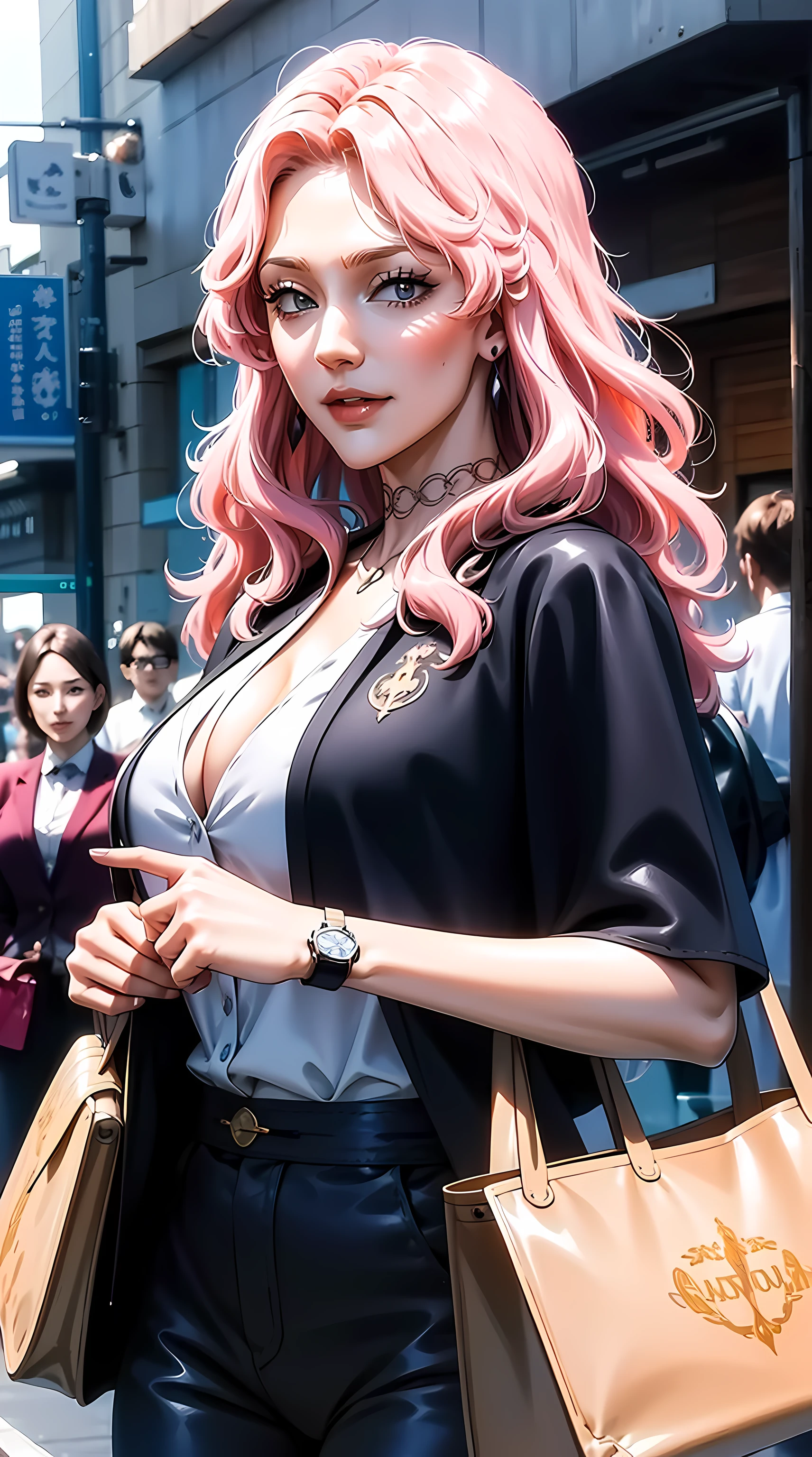 vanessa from the anime black clover, long hair, pink hair, beautiful, beautiful woman, perfect body, perfect breasts, wearing a white formal shirt, black blazer, black trousers, carrying a bag, wearing a watch, wearing earrings, in public , creatures in tokyo city, being on the street, looking at the viewer, a slight smile, realism, masterpiece, textured skin, super detailed, high detail, high quality, best quality, 1080p, 16k