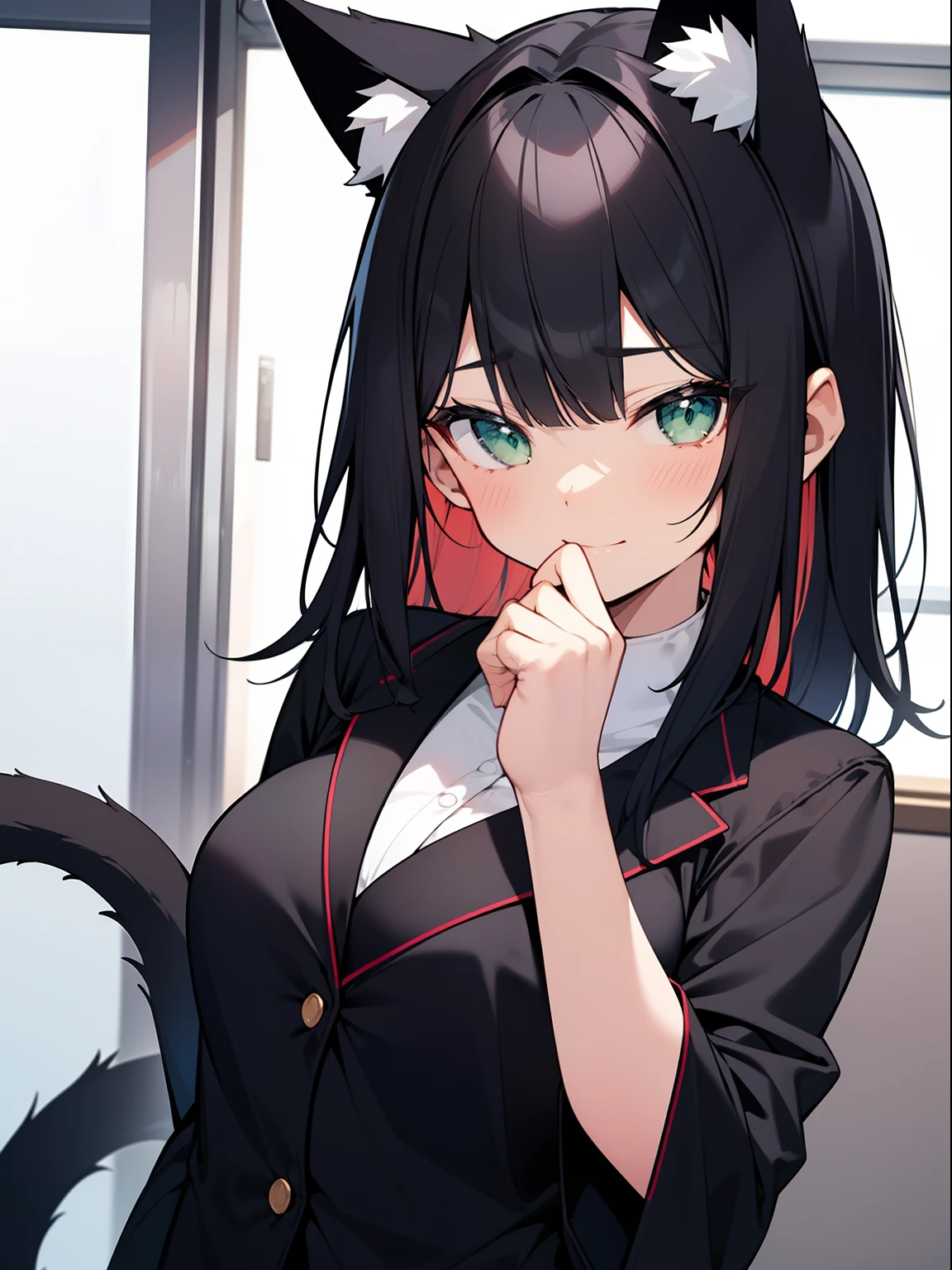 Petite cute Japanese woman 24 years old, Graceful physique, cat ears, Modest office suit; Big green shiny eyes, A sly half-smile, black hair with scarlet highlighting, gathered in the tail to the middle of the back; small pointy breasts; Anatomical realism, hight resolution, high quality textures, higly detailed