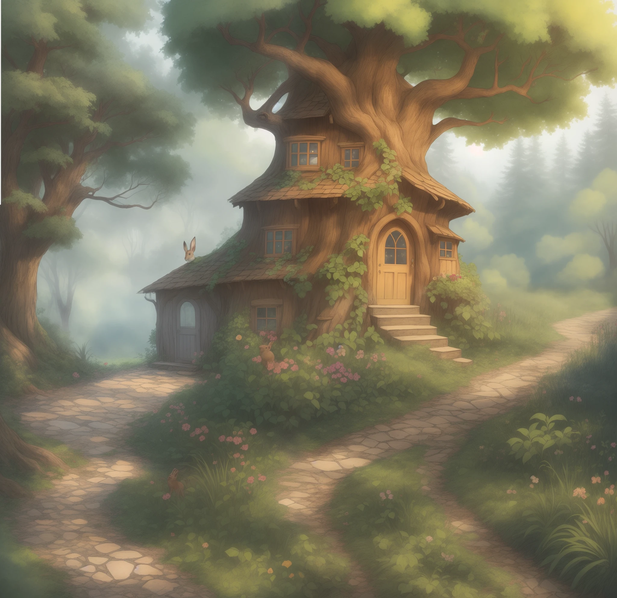 the magical house of a hare in the trunk of a thick tree, in the forest, the style of a children's book illustration, beatrice Potter style, rich bright colors, clear focus, clear contours