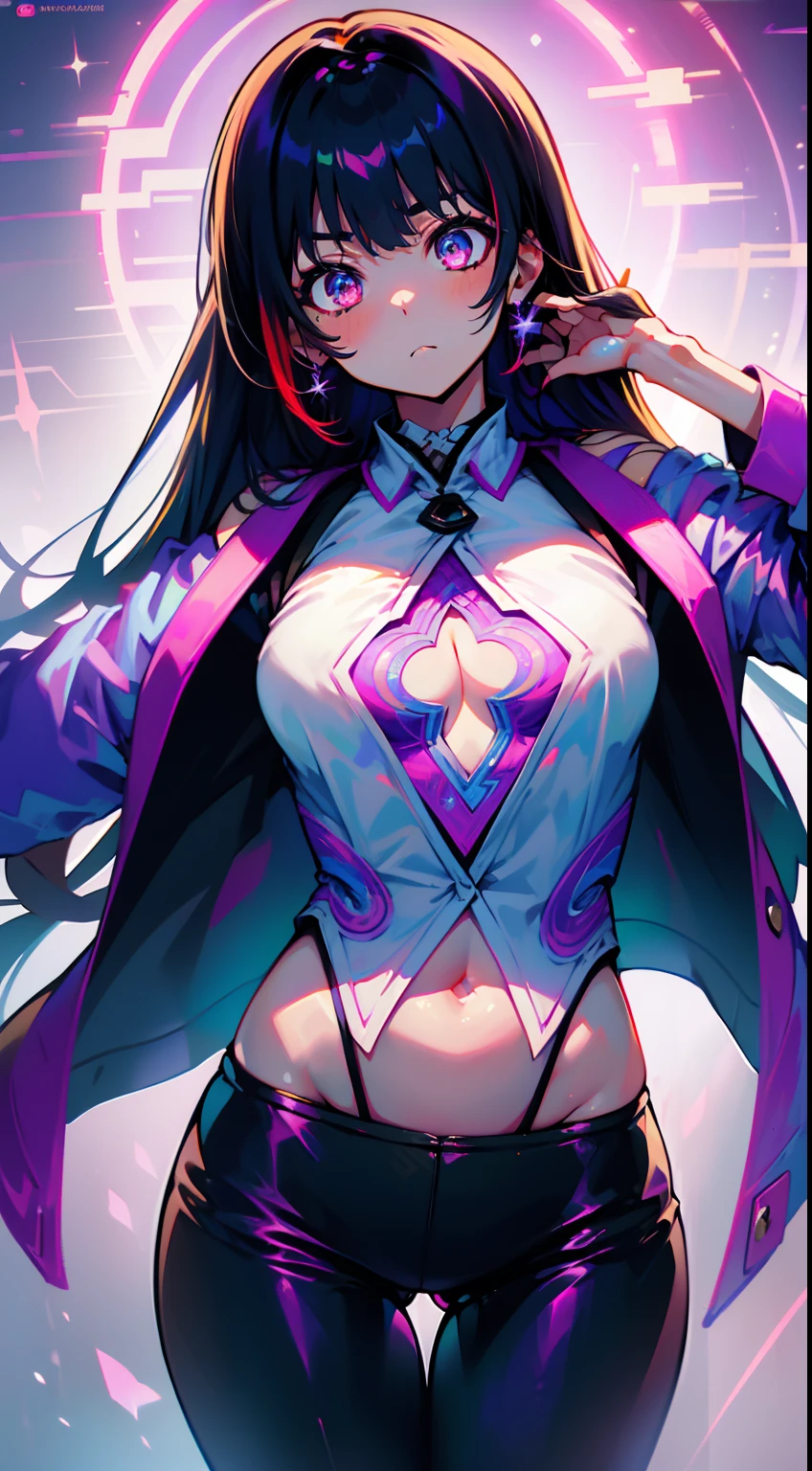 (Masterpiece)), Best quality, absurderes, Ultra detailed, holograph, Cowboy shot, Super cute girl, Mature girl, Super beautiful asian girl,Very beautiful violet glowing eyes, Beautiful glowing white multicolored hair, Nice sexy body, Slim body, Perfect body, Wear super-skinny anime-print boxers, Anime print super skinny shirt, Super beautiful pink jacket, Look at the glowing mirror, See a different version of her than the other universes