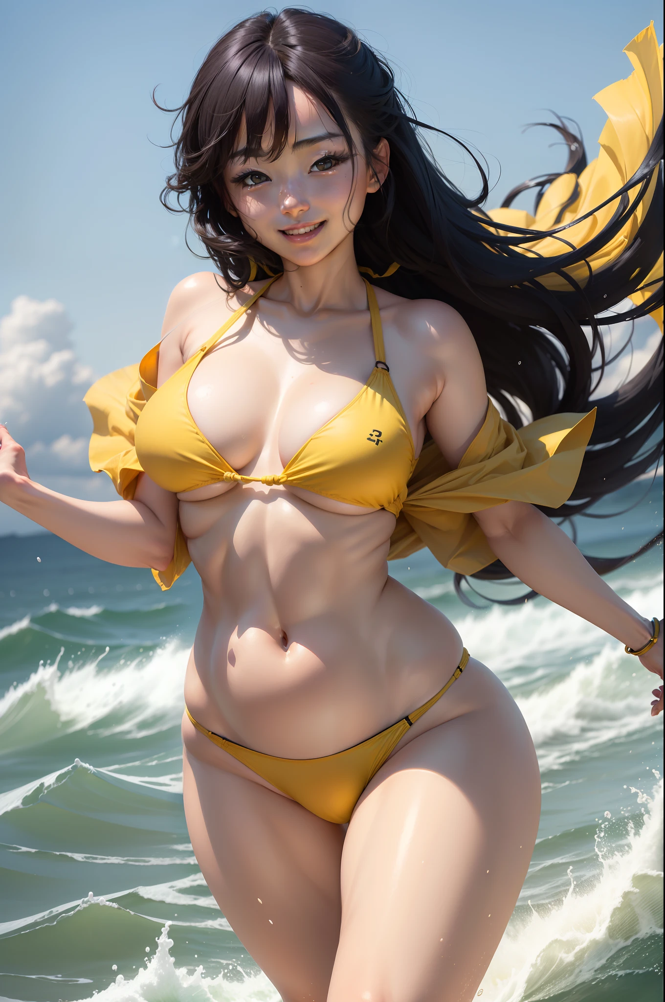 (top-quality、8K、32K、masterpiece、nffsw:1.2)、Photo of a cute Japanese woman、A smile、Running、(Yellow bikini with black rim)、thick thight、(wind lift:1.6)、full body Esbian、waterside、large breasts with good shape、17 age