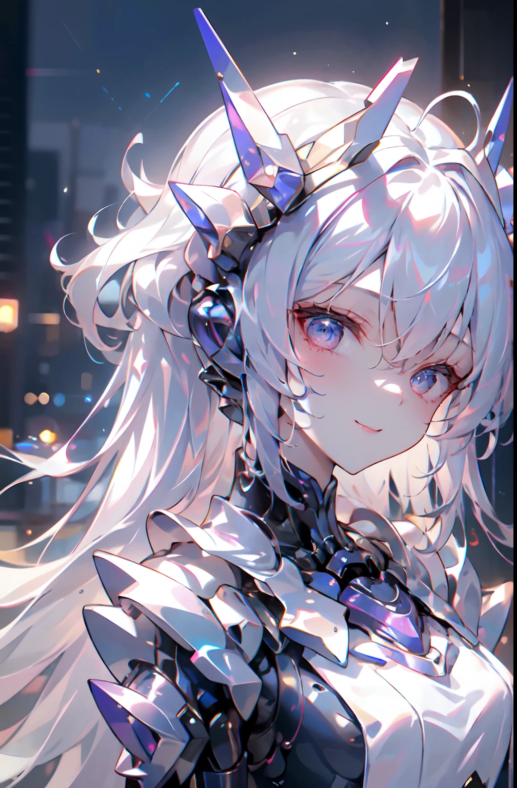 Masterpiece, Best quality, 8K, 15year old, Teenage uncensored, RAW photo, absurderes, award winning portrait, Smile, Smile, Solo, Night, neonlight, Idol face, violaceaess, gardeniass, Delicate girl, Mecha upper body, Digital SLR, view the viewer, candid, Sophisticated, Youthful, Thin arms, Professional lighting, filmgrain, color difference, (Detailed eyes and face:1.0), (Bokeh:1.1)