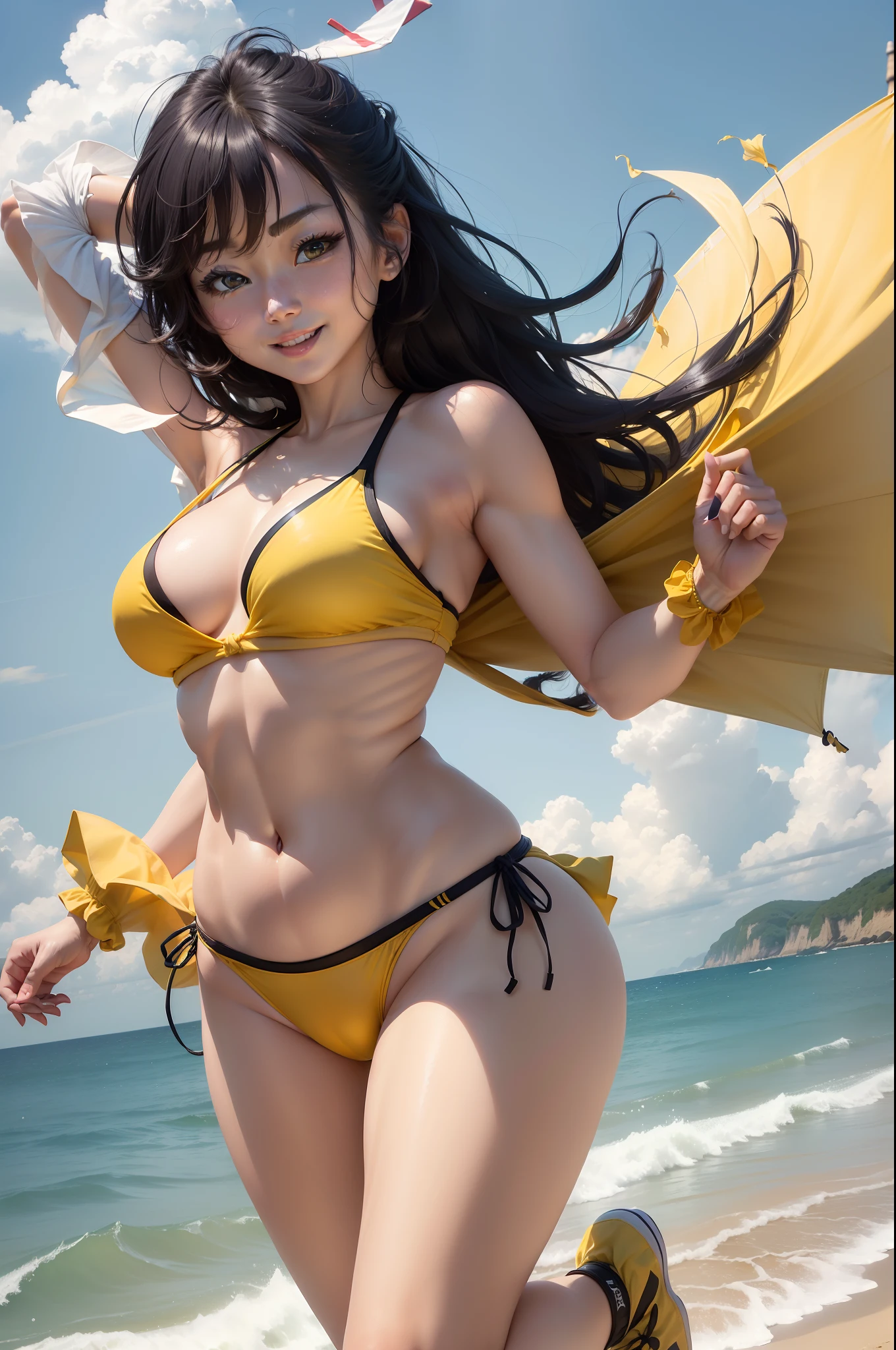 (top-quality、8K、32K、​masterpiece、nffsw:1.2)、Photo of a cute Japanese woman、A smile、Running、(Yellow bikini with black rim)、thick thight、(wind lift:1.6)、full body Esbian、waterside、large breasts with good shape、