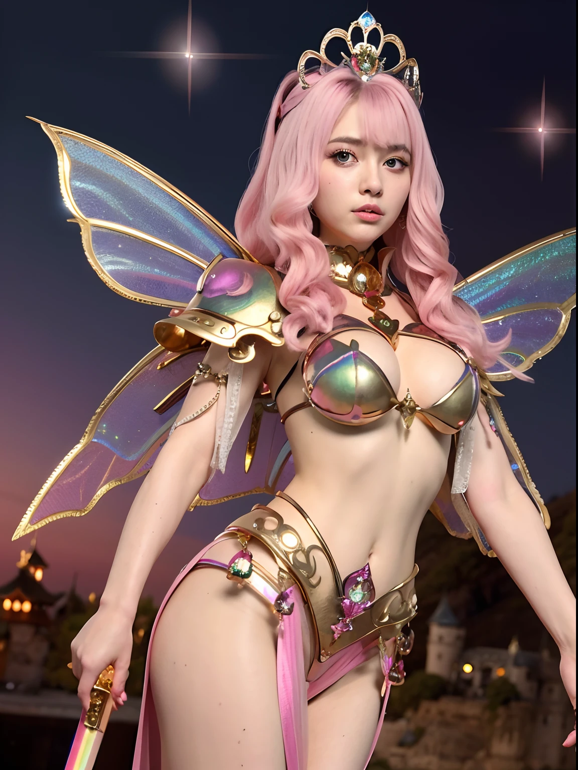 (A smile), Professional , ​masterpiece、top-quality、photos realistic , depth of fields （Gemstone White Metal Body:1.９),(Matte White Pink、Jewel Gold Weapon、（Gorgeous castle background）、（ultimate beauty girl）、（Rainbow fairy wings grow）、Particles of light、（Metal body of iridescent gemstones:1.９),Gorgeous Jewel Metal Weapons ,（maikurobikini）、 Detailed Sword of the Brave ,（ Pink hair）   ,warhammer 40k , adepta sororitas,Detail and ornate jewel crown、独奏、Brown hair、Mystical expression、cleavage of the breast、（Gangle's forest background）、Beautiful Caucasian beauty、１a person、dynamic ungle,(((Diamond tiara with detail and luxury)))、a small face、Powerful poses、（Gorgeous castle background）、huge filesize、A teenage girl、Stand in the center of the screen、Thin female fingers、Straight long hair、Beautiful Caucasian beauty、（maikurobikini）、Hair fluttering in the wind、Look at viewers、（Armpit）、Toostock、