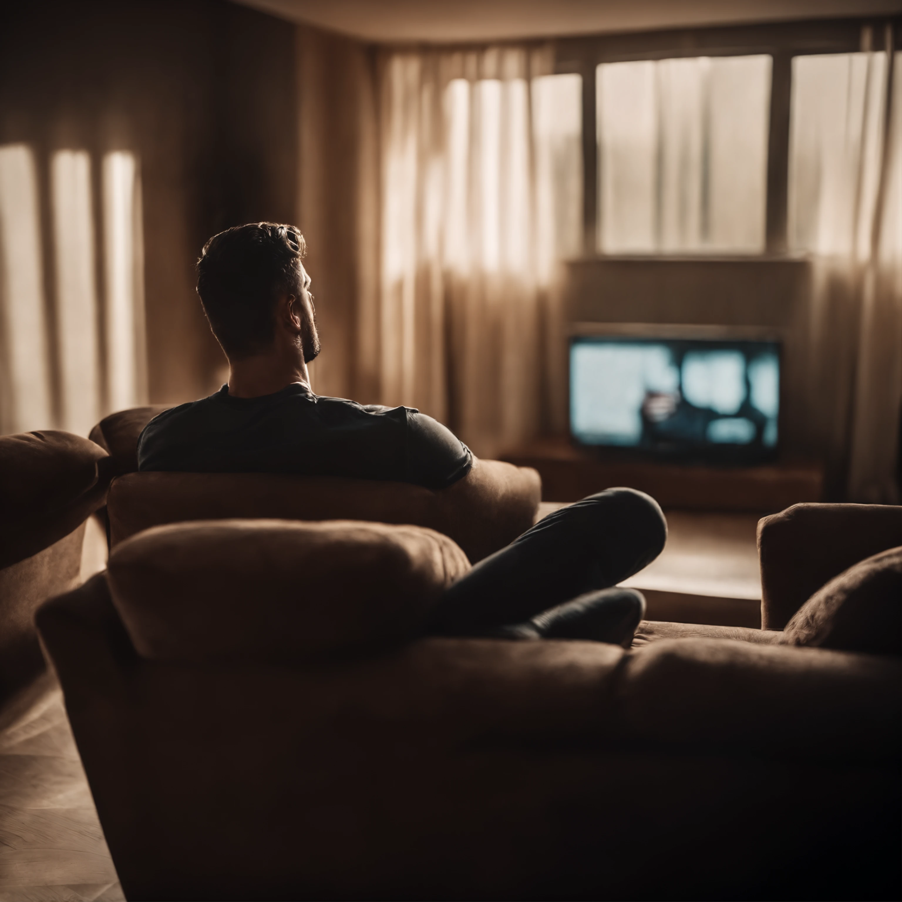 um homem sentado no sofa na sala de estar, assistindo tv , com controle de tv na mao