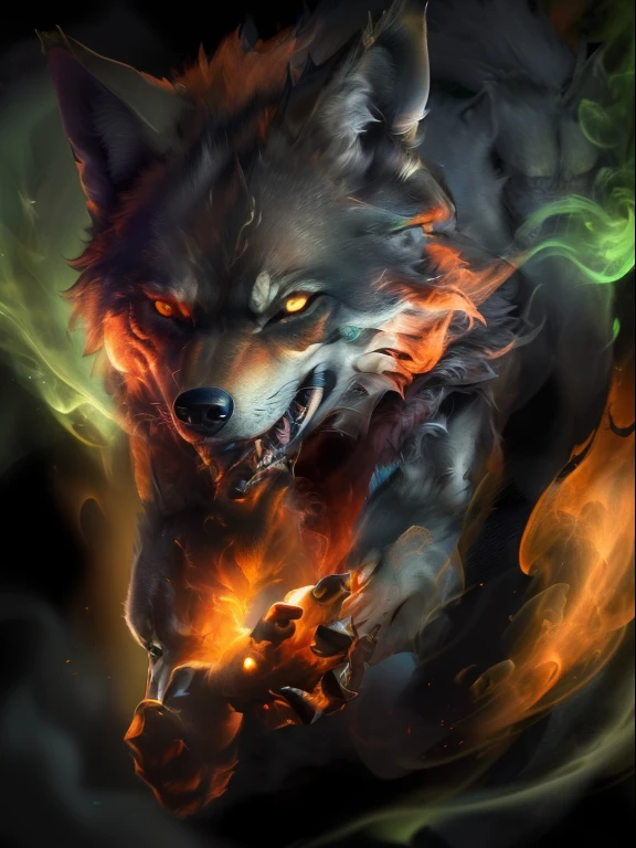 (best quality,4k,8k,highres,masterpiece:1.2),ultra-detailed,realistic:1.37,wolf,crimson smoke,orange and green background,mesmerizing eyes,sharp teeth,exquisite fur texture,fierce expression,mystical atmosphere,dark forest vibe,dynamic pose,vivid colors,fluid brushstrokes,dramatic lighting,haunting beauty,abstract art details