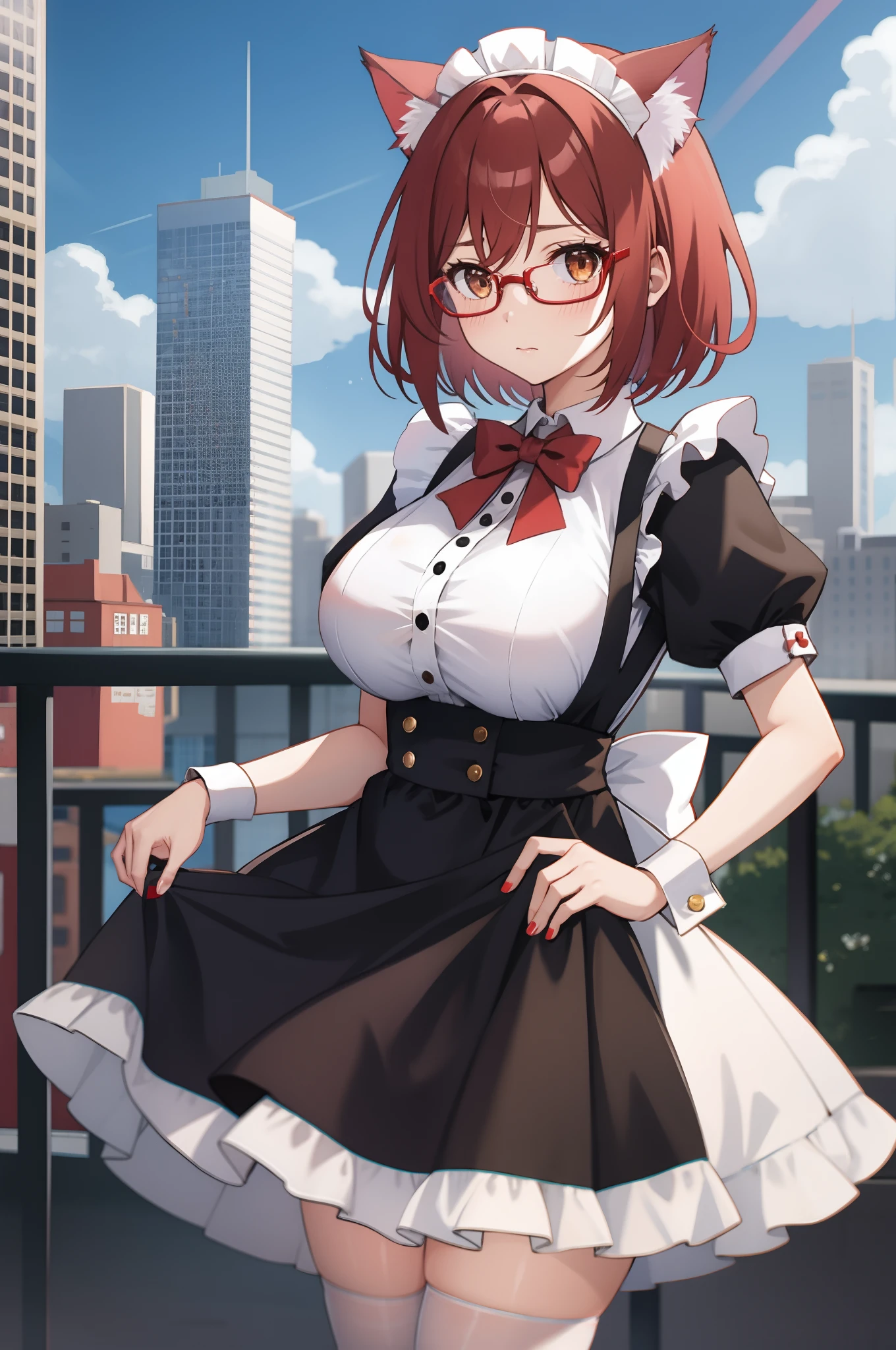one girl, red hair, brown eyes, glasses, short hair, big breasts, cat ears, maid dress, embarrased, closed mouth, city