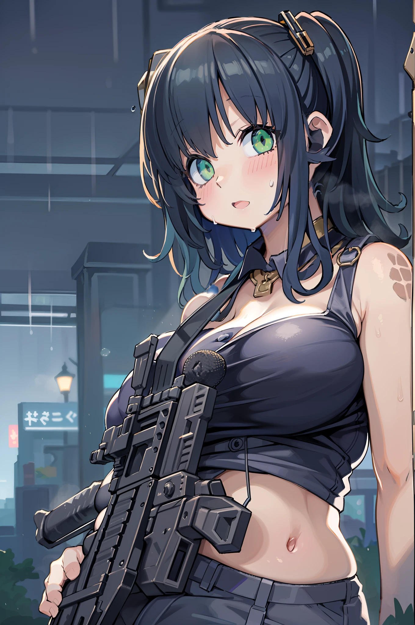 (((Hold a huge assault rifle)))、Long sideburns、Anime-style girl with beautiful whole body, clean detailed faces, ciber,analogous colors, Glowing shadows, beautiful gradients, depth of fields, CLEAN IMAGE, High quality,Black Parker Clothing、 high detailing, High Definition, blush, Fit, Heavenly Beauty, Very detailed, Soft lighting, Full body,Green&Black hair,Green eyes、(((huge-breasted))),Very Wide Shot、bbw、big butts、In heavy rain、Huge assault rifle、Chubby