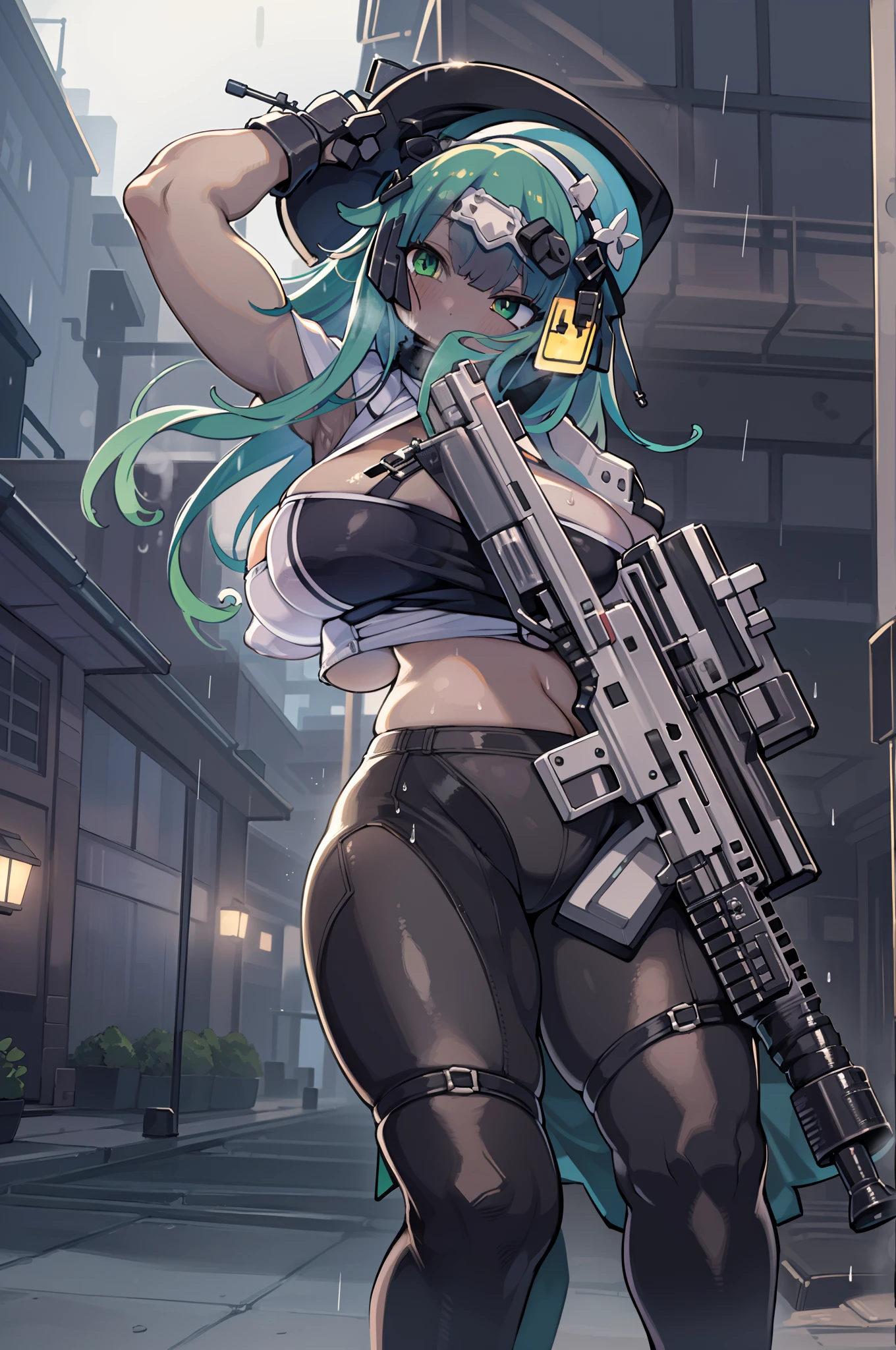 (((Hold a huge assault rifle)))、Long sideburns、Anime-style girl with beautiful whole body, clean detailed faces, ciber,analogous colors, Glowing shadows, beautiful gradients, depth of fields, CLEAN IMAGE, High quality,Black Parker Clothing、 high detailing, High Definition, blush, Fit, Heavenly Beauty, Very detailed, Soft lighting, Full body,Green&Black hair,Green eyes、(((huge-breasted))),Very Wide Shot、bbw、big butts、In heavy rain、Huge assault rifle、Chubby