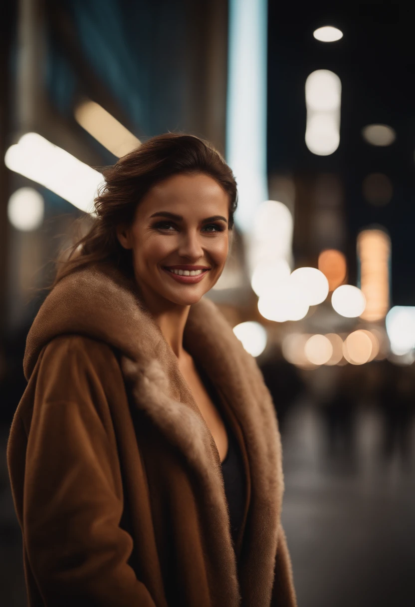 35mm, F/2.8, insanely detailed and intricatehyper-detailed,insane details, intricate details, beautifully color graded, cinematic lighting, 8k photo, smiling, realistic face, realistic hands, realistic body, smile, beautiful fitness woman with brown hair and brown eyes with big breasts, fluffy coat