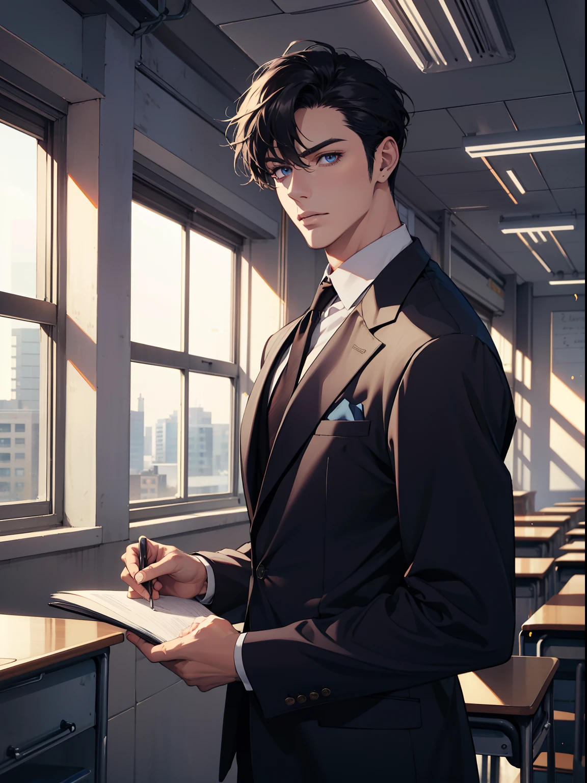 (absurdres, highres, ultra detailed), 1 male, adult, handsome, finely detailed eyes and detailed face, teacher, classroom, teacher outfit