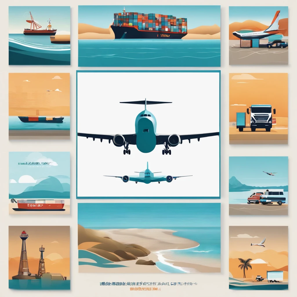 in a panoramic view,(plethora of colors,Best quality,high detal,tmasterpiece,cinmatic lighting,4K,Chiaroscuro)The following is the design concept of the logistics container manufacturing poster with a width of 6 meters and a height of 3 meters。This design highlights the characteristics of the industry,Including aircraft、Freighters and tourist destination beaches,At the same time, Avoid truck elements。Real themes appear。 Overall design concept: The overall color of the poster is mainly bright blue and warm orange,Create the atmosphere of a beach holiday。 The bottom of the poster shows a beautiful view of the beach,Used to highlight tourist destinations。 The background at the top shows airplanes and cargo planes,They stand for Air and Sea Freight。 The company's logo and slogan are placed in the center of the poster。,So that people can quickly recognize and remember。 Above the poster, Displays large fonts "Logistics LCL.",Connecting the world",Highlight industry characteristics。 Design elements: Planes: In the upper right corner of the poster,Depicting modern aircraft,Air freight department representing the logistics consolidation industry。The plane flies under the blue sky and white clouds,Increase efficiency、Fast shipping features。 Freighter: In the upper left corner of the poster,Draw a large freighter,Representing the maritime sector of the logistics consolidation industry。Freighters sail on tranquil seas,Symbolizes reliable sea transport。 sea beach: The bottom of the poster shows a great view of the beach,There is golden sandy beach、Turquoise waters and palm trees。This represents the tourist destination and leisure aspect of the holiday,Attract people to these destinations。 Company logo and slogan: The central position of the poster shows the logo and slogan of the logistics company。The logo can be the company's signature pattern,The slogan can be the core idea of a company,For example, "A bridge to the world"。 Theme fonts: Use large fonts to display the theme above the poster,por exemplo:"Logistics LCL,Connecting the world"。Choose a font that is clear and easy to read,Make sure your message is clear。