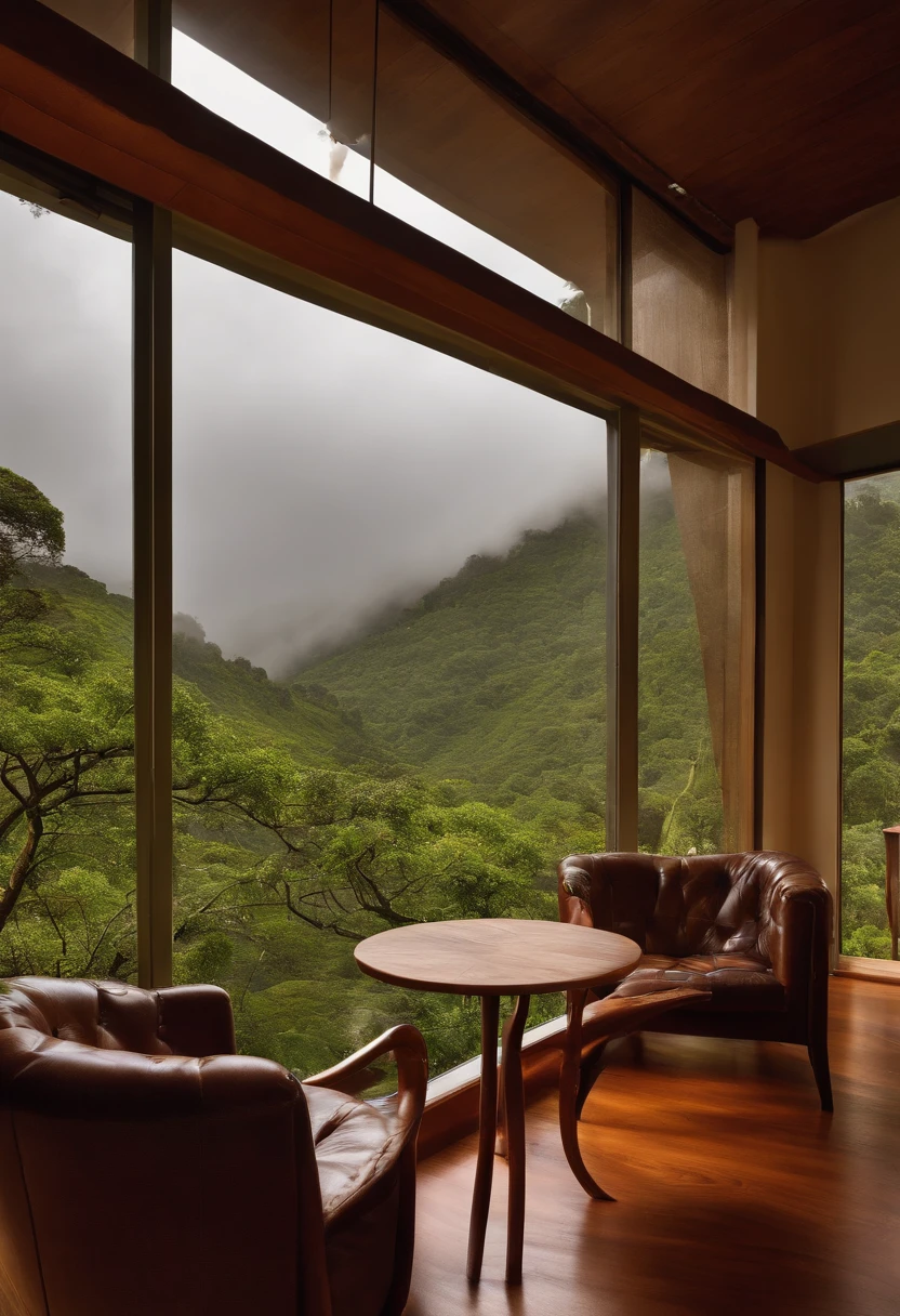 Vista interior da casa de madeira com grande janela de vidro com vista para uma floresta, The weather is heavy rain, agua escorre no vidro, clima frio, nem nome, Floresta densa fora, lareira com fogo baixo, livros na estante, wooden table with cups of hot coffee for two, (a man and a woman are seated) on a brown leather sofa, Eles conversam e riem.