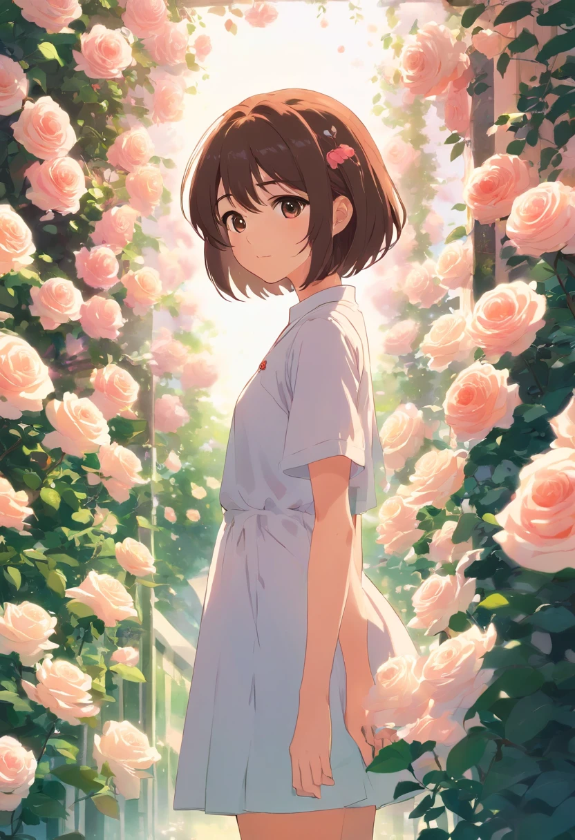 tmasterpiece,best qualtiy,cinematic Film still from,Rose garden,Girl in white,Look after the unblooming roses