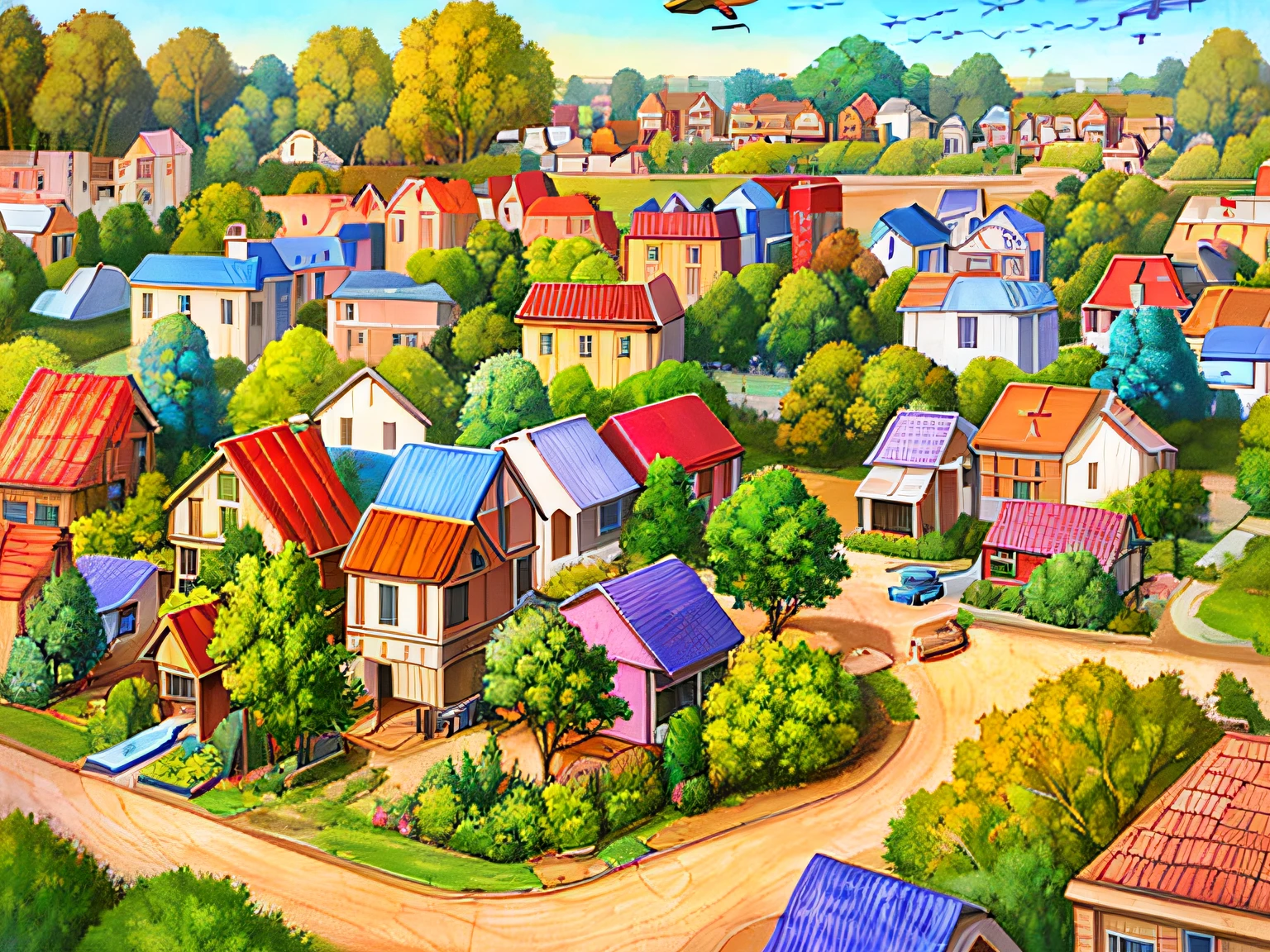 painting of a town with a lot of houses and a plane flying over it, american suburb, by David G. Sorensen, by David B. Mattingly, peaceful suburban scene, inspired by John Philip Falter, naive art, by John Philip Falter, in an american suburb, suburbia street, detailed digital artwork, american scene painting, suburban neighborhood