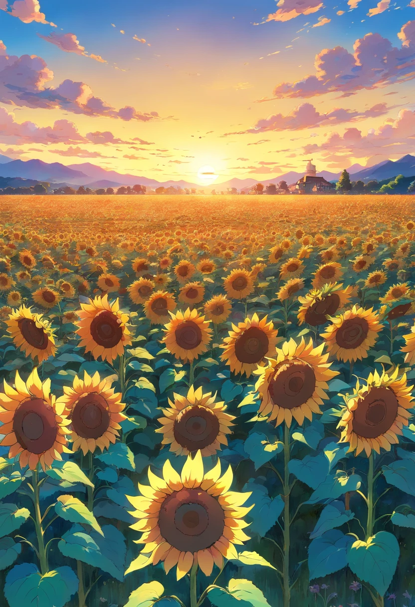 A field of sunflowers at a sunset