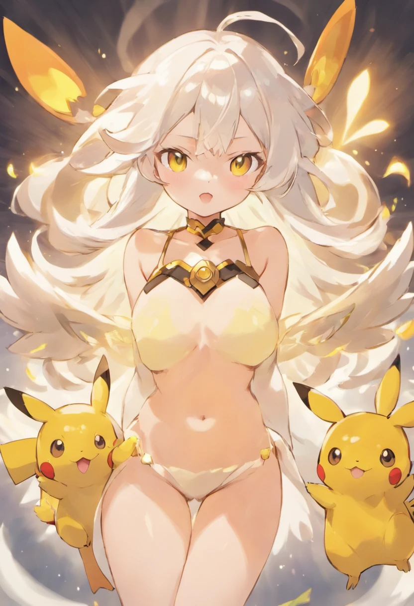 Anime Girl, Cute, Lewd, With Pokemon, White hair, Golden Eyes