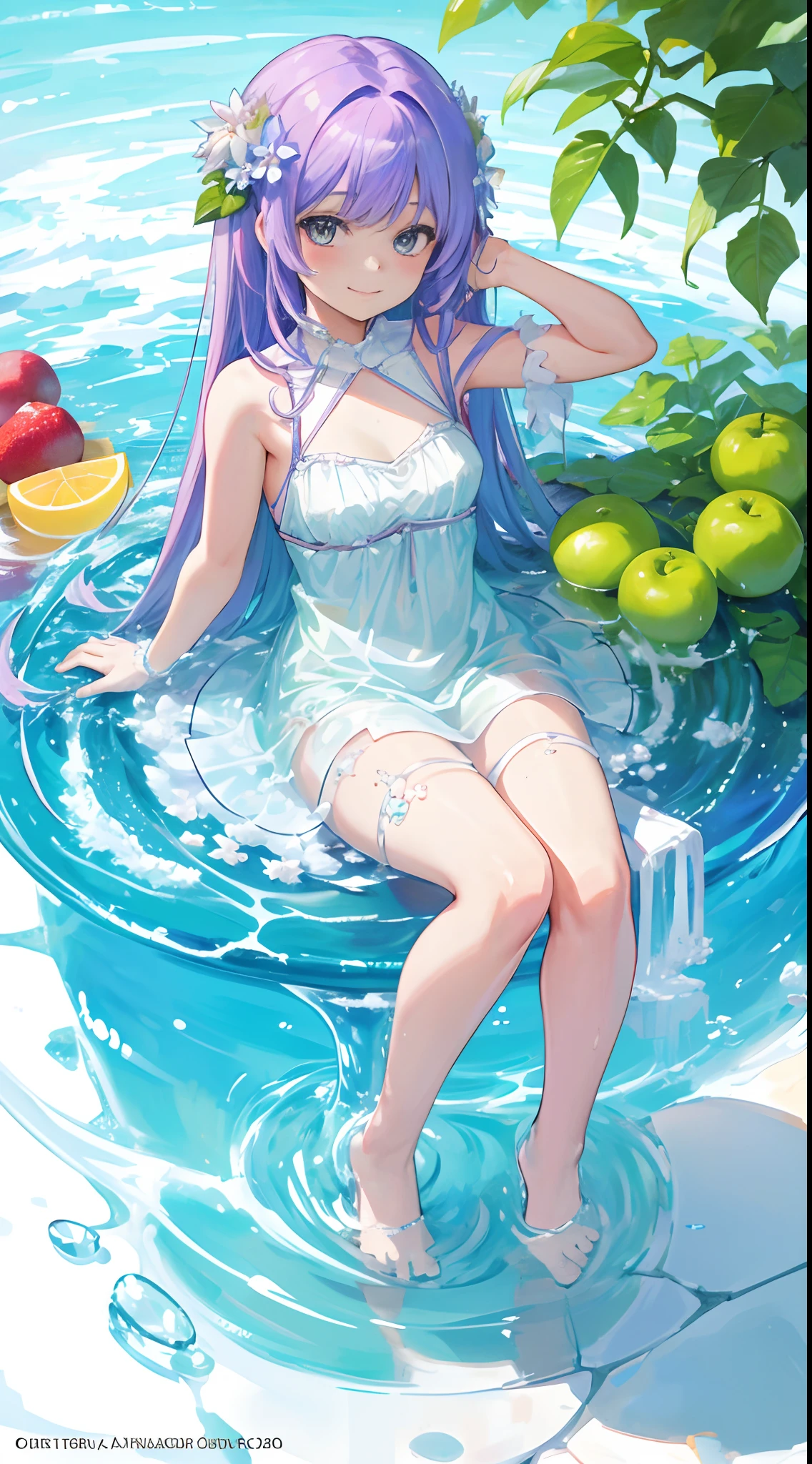 girl, in glass, sitting, full body, beautiful, ice, flower, fruit, light smile, look at viewer, absurdres, fresh,