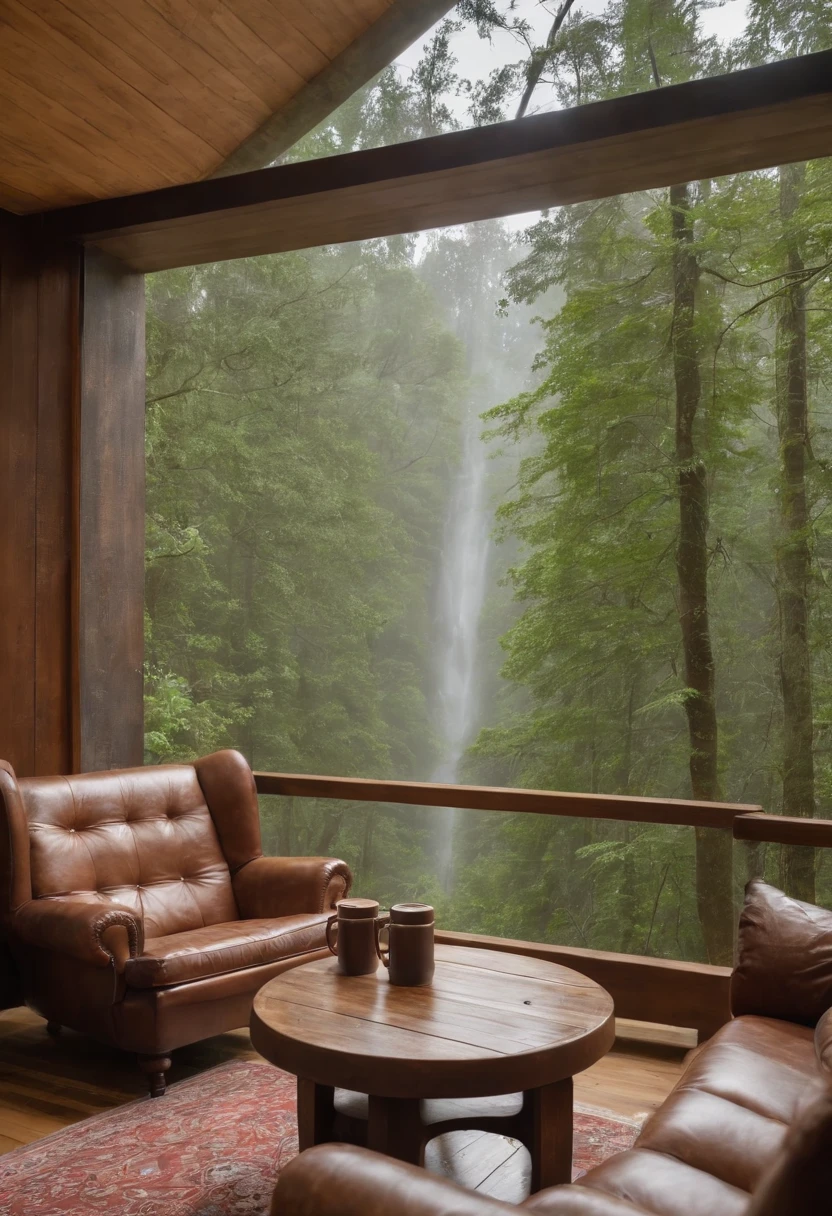 Vista interior da casa de madeira com grande janela de vidro com vista para uma floresta, The weather is heavy rain, agua escorre no vidro, clima frio, nem nome, Floresta densa fora, lareira com fogo baixo, livros na estante, wooden table with cups of hot coffee for two, (a man and a woman are seated) on a brown leather sofa, Eles conversam e riem.