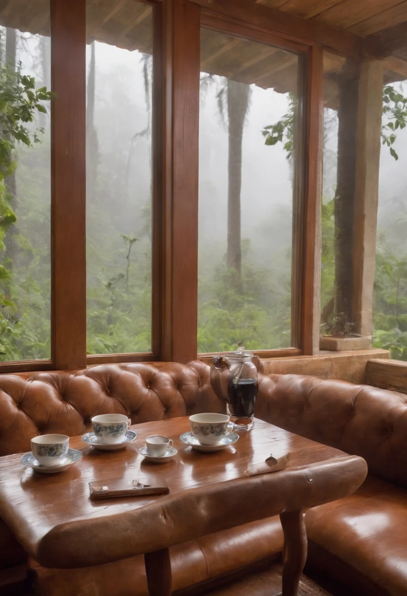 Vista interior da casa de madeira com grande janela de vidro com vista para uma floresta, The weather is heavy rain, agua escorre no vidro, clima frio, nem nome, Floresta densa fora, lareira com fogo baixo, livros na estante, wooden table with cups of hot coffee for two, (a man and a woman are seated) on a brown leather sofa, Eles conversam e riem.