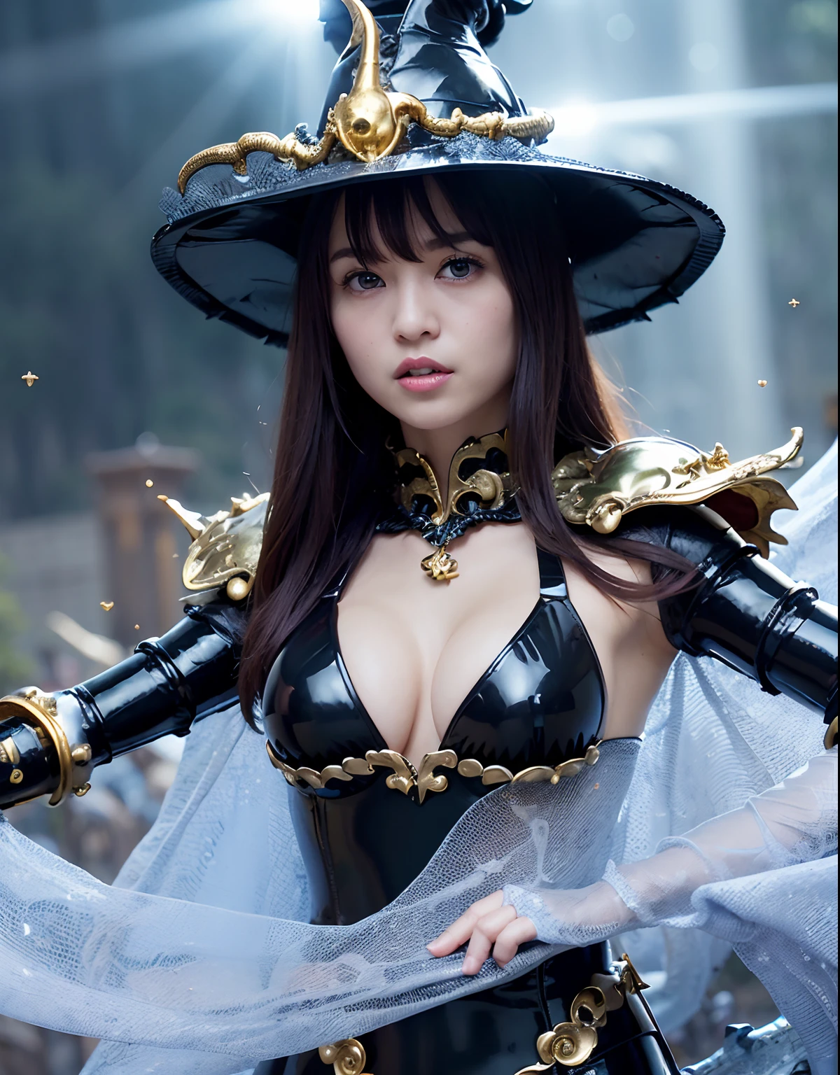 ((World of Darkness)),Professional , masterpiece、top-quality、photos realistic , depth of fields 、(((With a magic wand of gems))),(Dragon White Metal Body:1.9),(latexsilver-blue、(cleavage of the breast)(Fight dragons)、、(((Particles of light))),(Micro Bikini Armor:1.7),Gorgeous gold weapons ,(Fight dragons)、Seductive look、(blood splattere、((((With a magic wand))), ) , (((Wearing a black latex wizard hat))),(demonic wings) ,(a beauty girl) ,((a blond))、(Castle background)、((Gangle's forest background))、Beautiful Caucasian beauty、1a person、dynamic ungle,(((Detailed and ornate dragon wizard hat)))、Smaller head、A smile、Castle background、Thin and beautiful female hands、cleavage of the breast、Soldier in iron armor on background、Mystical expression、Light Effects、intense fighting、Wind-effect、magic circles、With the legendary magic wand、Dragon's tail、explosions、Toostock、Toostock、