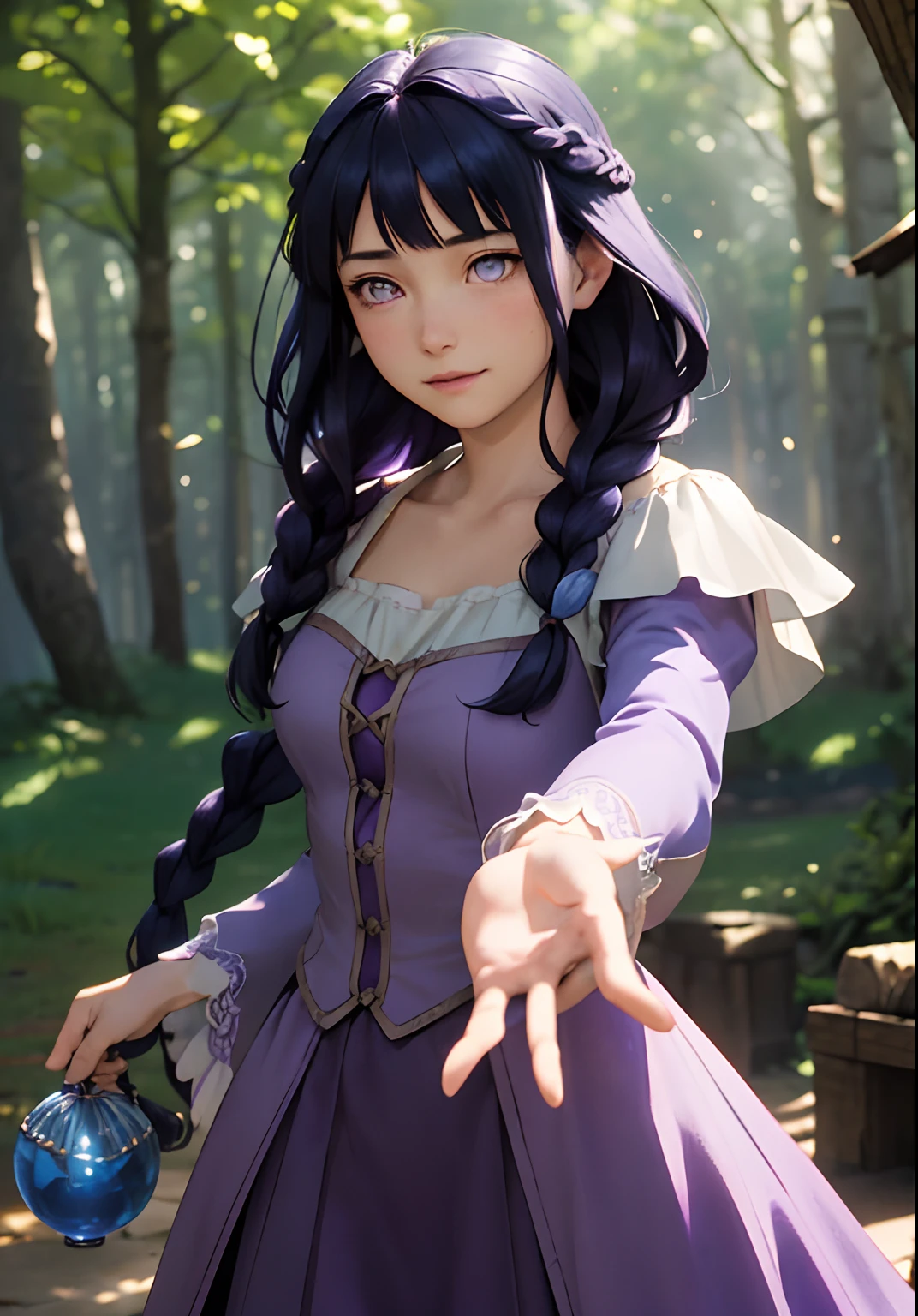 Dappled Light,(Rapunzelwaifu),soft purple dress, and adventurous spirit make her a favorite Disney princess character to cosplay., colorful, realistic round eyes, dreamy magical atmosphere, superheroine costume, (skin texture) (film grain), (warm hue, warm tone:1.2), close up, cinematic light, sidelighting, Blunt Bangs, purple eyes,dark blue hair,braid one,photo by George W. Harris,Long, toe-length hair in one dark blue braid