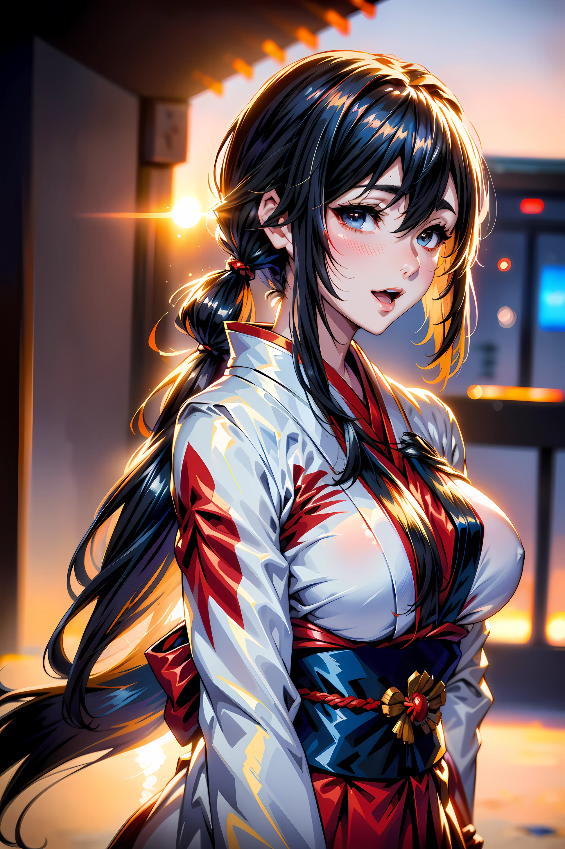 (Front focus), (In the dark: 1.6), Dynamic lighting, Manga, Japanese manga, Illustration, Volume lighting, 4 k, 1girl, (Official uniform: 1.4), Long hair, Brunette hair, bangs, Karate, white karate clothes, F cups, beautiful breasts, cleavage