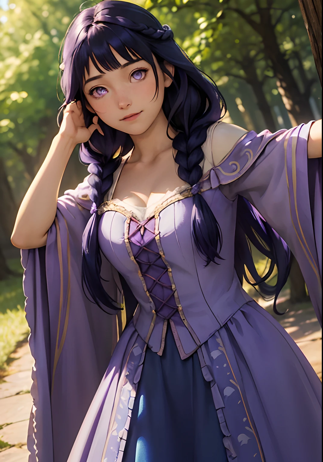Dappled Light,(Rapunzelwaifu),soft purple dress, and adventurous spirit make her a favorite Disney princess character to cosplay., colorful, realistic round eyes, dreamy magical atmosphere, superheroine costume, (skin texture) (film grain), (warm hue, warm tone:1.2), close up, cinematic light, sidelighting, Blunt Bangs, purple eyes,dark blue hair,braid one,photo by George W. Harris,Long, toe-length hair in one dark blue braid