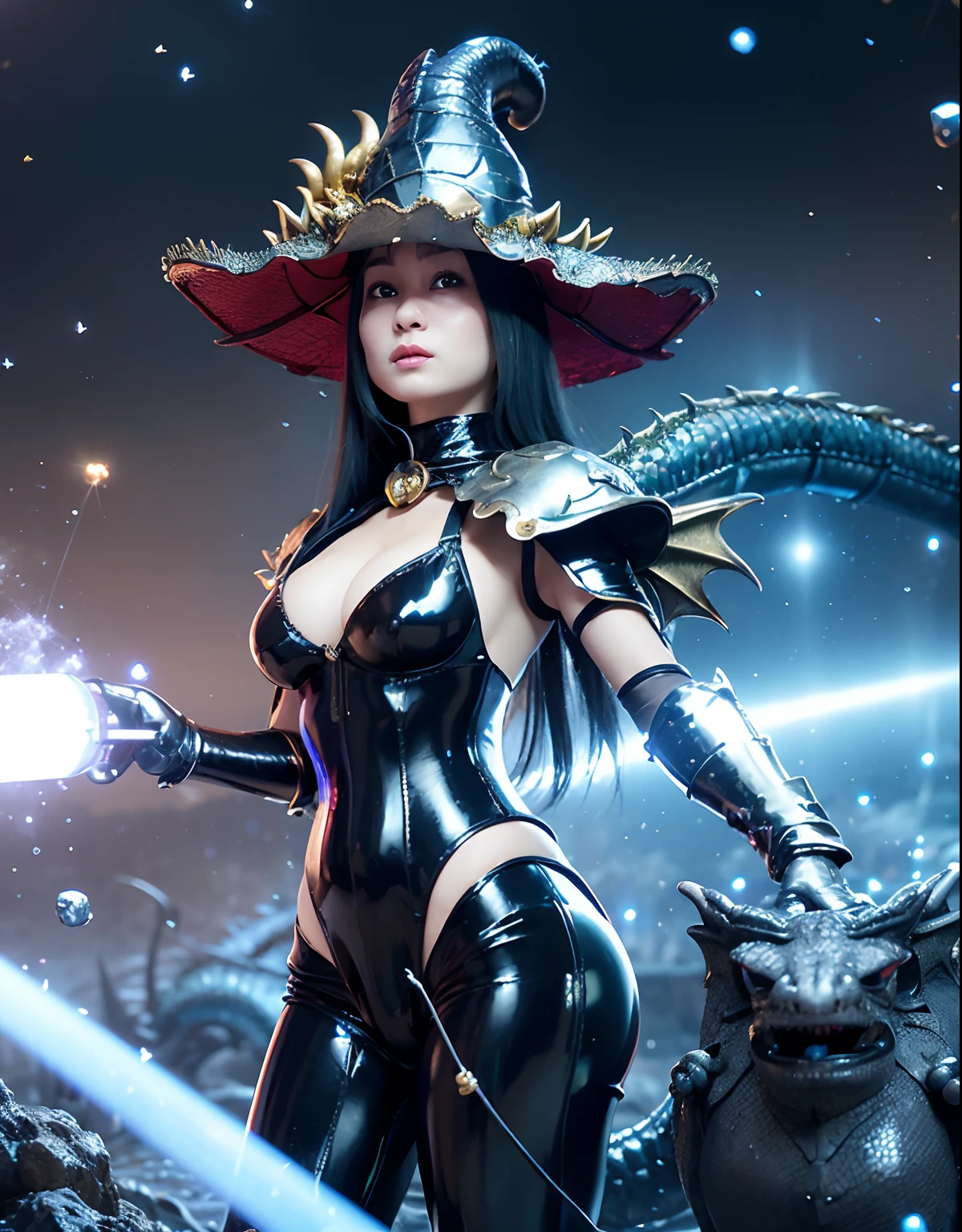 ((World of Darkness)),Professional , ​masterpiece、top-quality、photos realistic , depth of fields 、(((With a magic wand of gems))),（Dragon White Metal Body:1.9),(latexsilver-blue、（cleavage of the breast）（Fight dragons）、、(((Particles of light))),（Micro Bikini Armor:1.7),Gorgeous gold weapons ,（Fight dragons）、Seductive look、（blood splattere、（(((With a magic wand))), ） , (((Wearing a black latex wizard hat))),（demonic wings） ,(a beauty girl)  ,（（a blond））、（Castle background）、（（Gangle's forest background））、Beautiful Caucasian beauty、１a person、dynamic ungle,(((Detailed and ornate dragon wizard hat)))、Smaller head、A smile、Castle background、Thin and beautiful female hands、cleavage of the breast、Soldier in iron armor on background、Mystical expression、Light Effects、intense fighting、Wind-effect、magic circles、With the legendary magic wand、Dragon's tail、explosions、Toostock、Toostock、