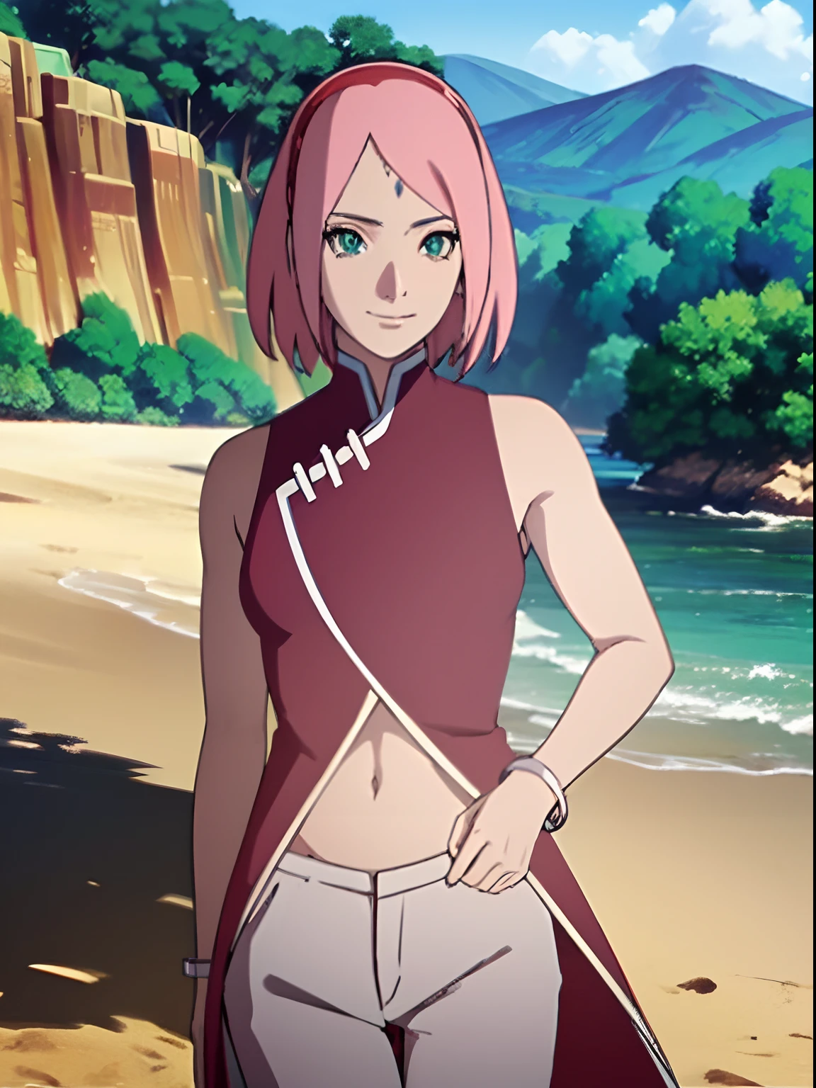 masterpiece, 4k, portrait, cowboy shot, (PLAYGROUND BACKGROUND), professional artwork, intricate details, colorful, digital blending, (ultra detailed body, ultra detail hair, ultra detail face), trending on pixiv, kind smile, best quality, anime style: 1.9, 1girl, hires, haruno sakura, (forehead mark, milf, red hairband, pale skin, (small breasts), short hair, ((red sleeveless dress), white pants), ((navel, belly button), slender body, slender belly, bracelet, pink hair, open mouth, big eyes), smile, beach, wind, floating hair, detailed arms, off-shoulders, broad shoulders, (((both) hands spreading to both sides)), fancy couch, relaxing, laying, talking, looking at the viewer))), (((flexing))), (((ultra detailed arms))))